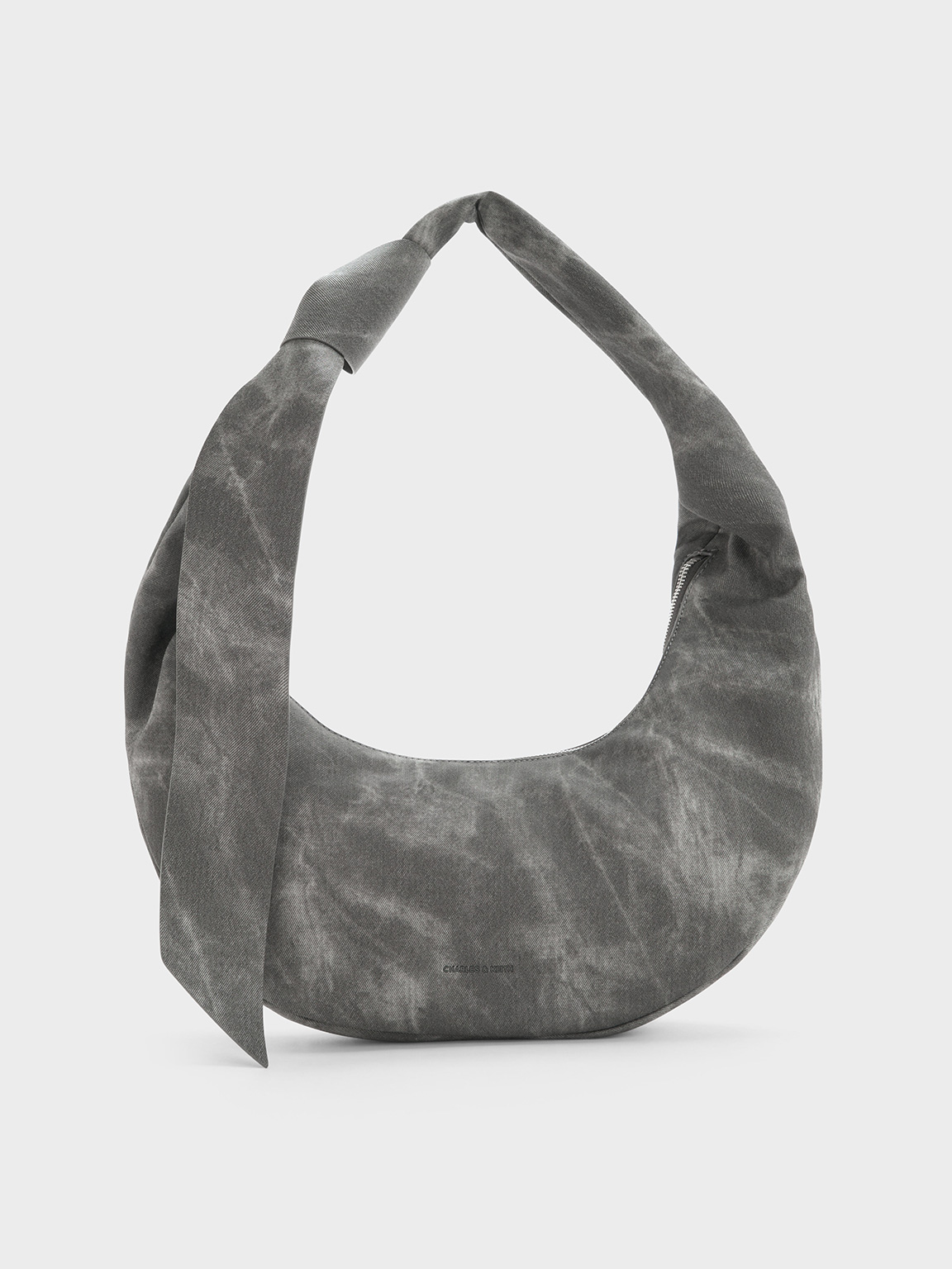 Charles & Keith - Toni Denim Knotted Crescent Hobo Bag In Dark Grey