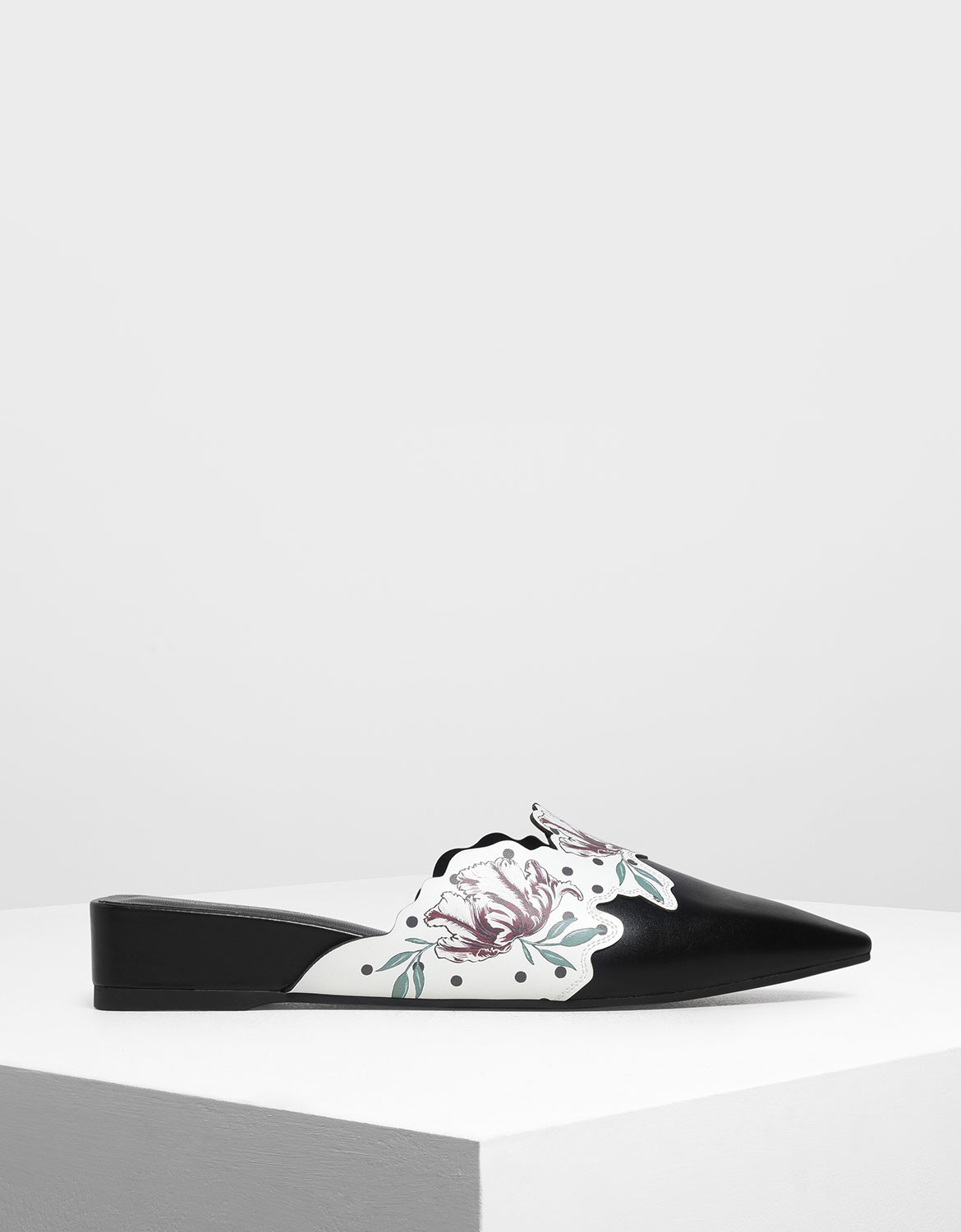 

Floral Print Low Wedge Mules, Black