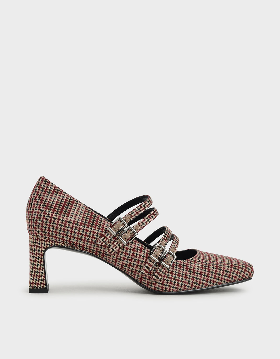 

Houndstooth Print Buckled Blade Heel Mary Janes, Multi