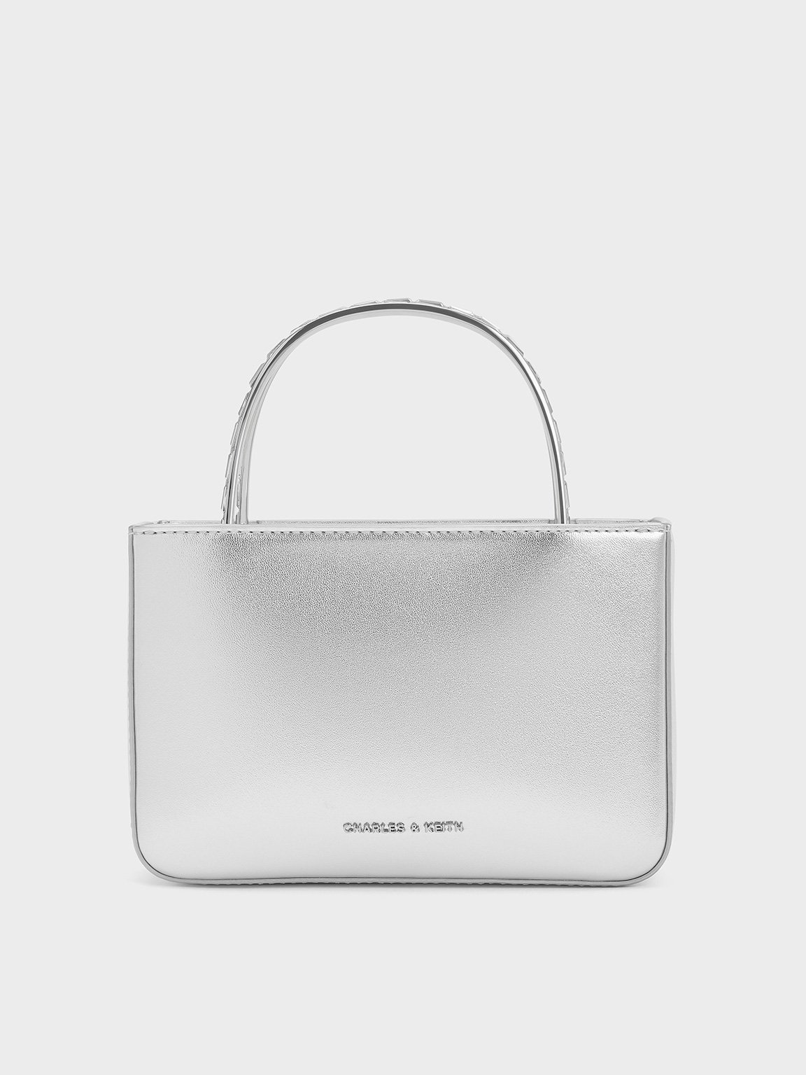 Charles & Keith - Satin Crystal-embellished Top Handle Bag In Dusk Silver