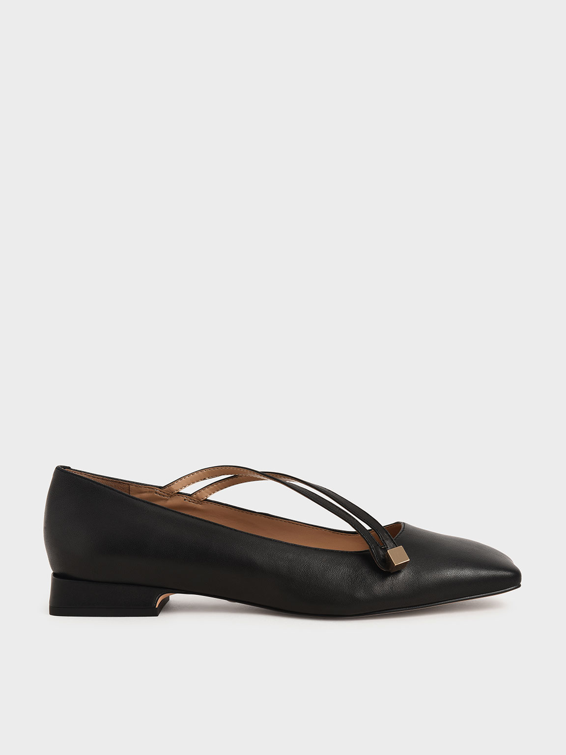 

Leather Asymmetric Strap Ballerina Flats, Black
