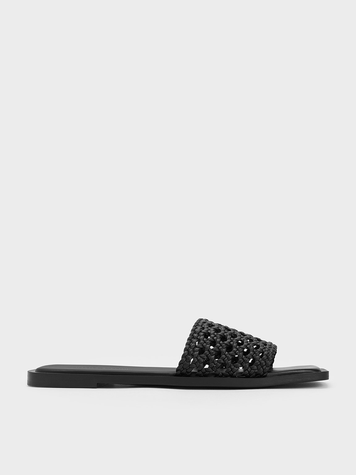 Charles & Keith Woven Square-toe Slides In Black