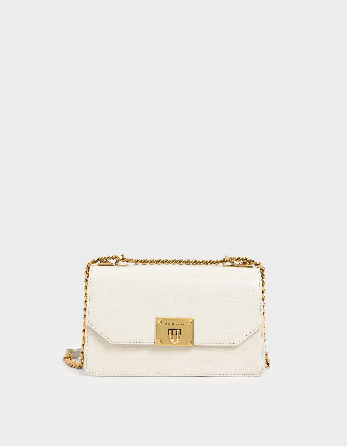 

Croc-Effect Chain Strap Crossbody Bag, Cream