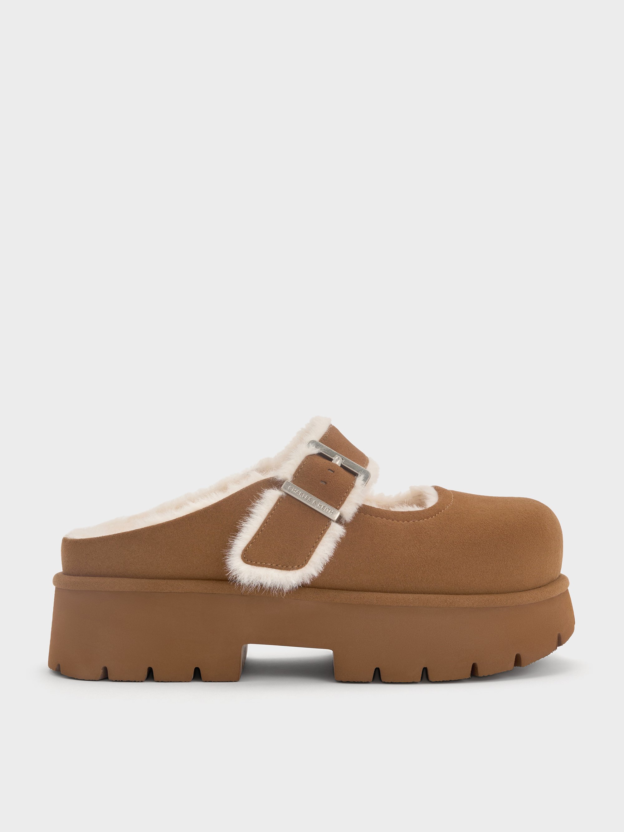 Charles & Keith - Bergen Textured Fur-Trim Buckled Platform Mules