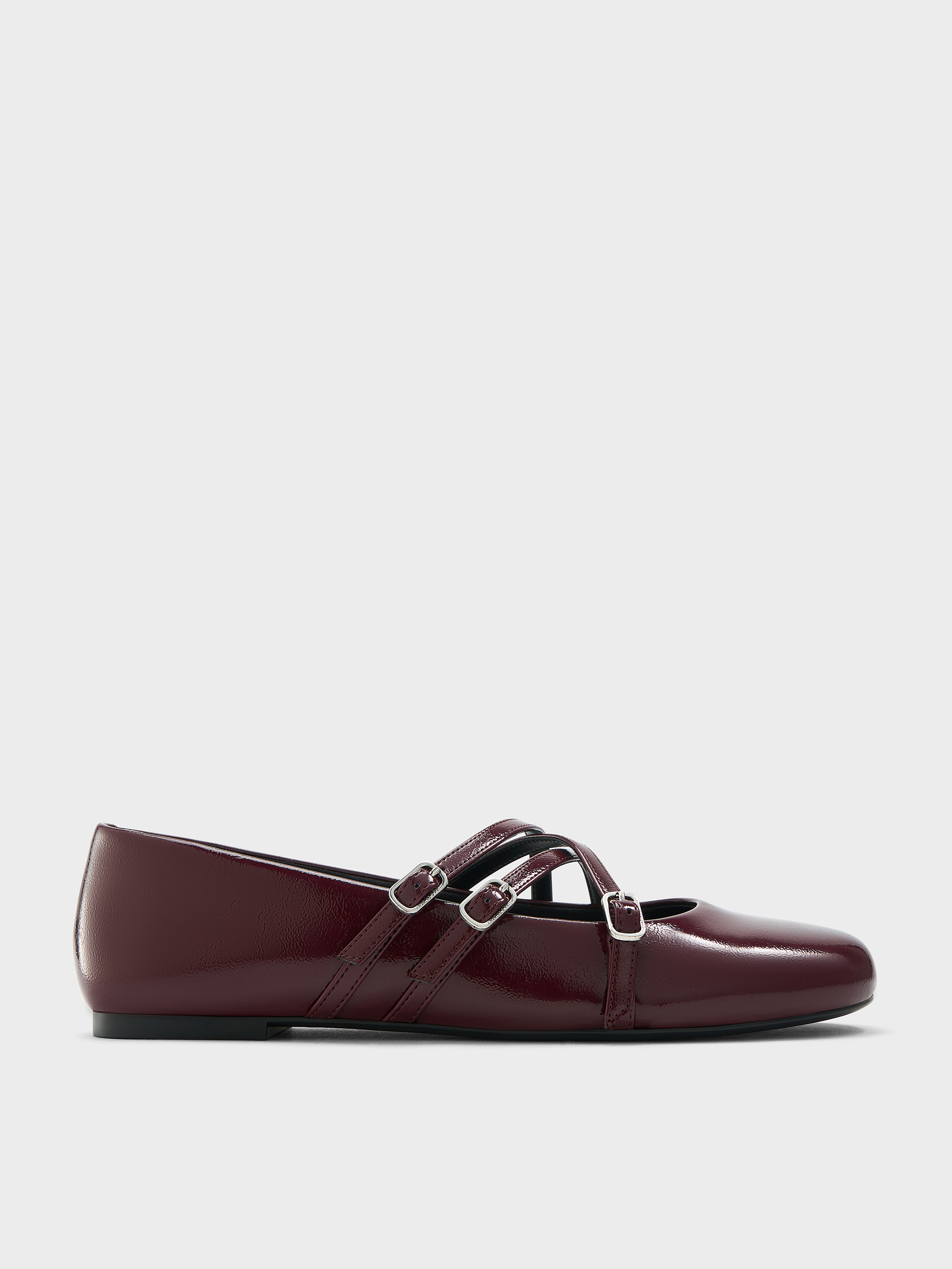 Burgundy Patent Triple-Strap Crossover Mary Jane Flats | CHARLES & KEITH UK