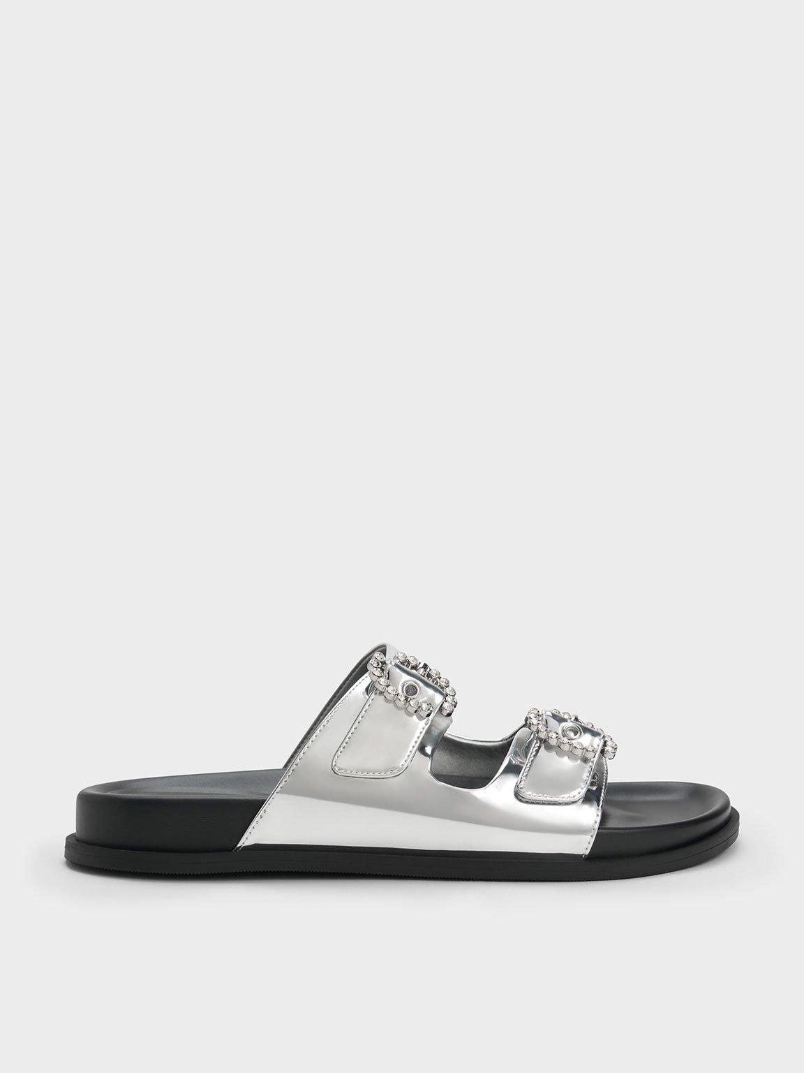 Charles & Keith Embellished Buckle Metallic Sandals In Silver