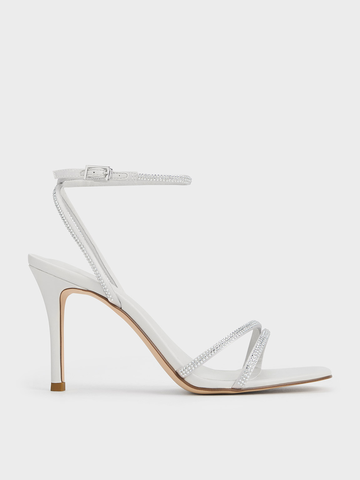 Satin Crystal-Embellished Asymmetric Heeled Sandals