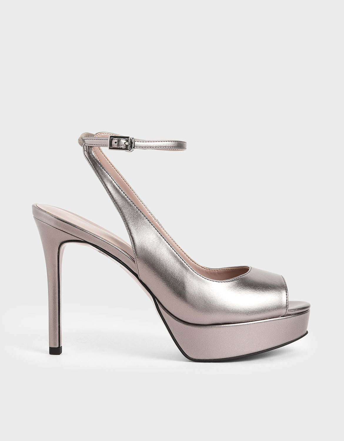 

Metallic Ankle Strap Platform Heels, Pewter