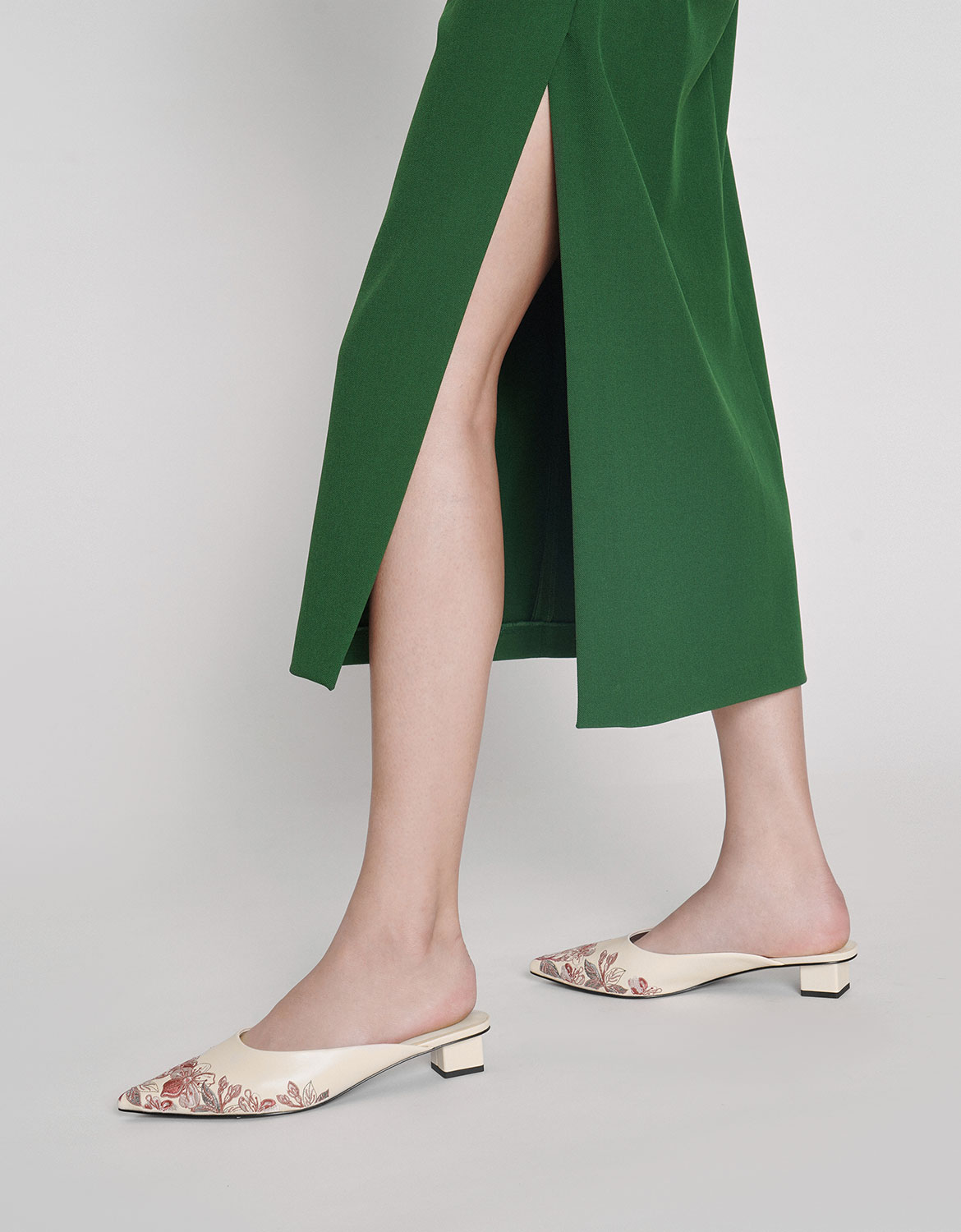 

Embroidered Floral Mules, Cream