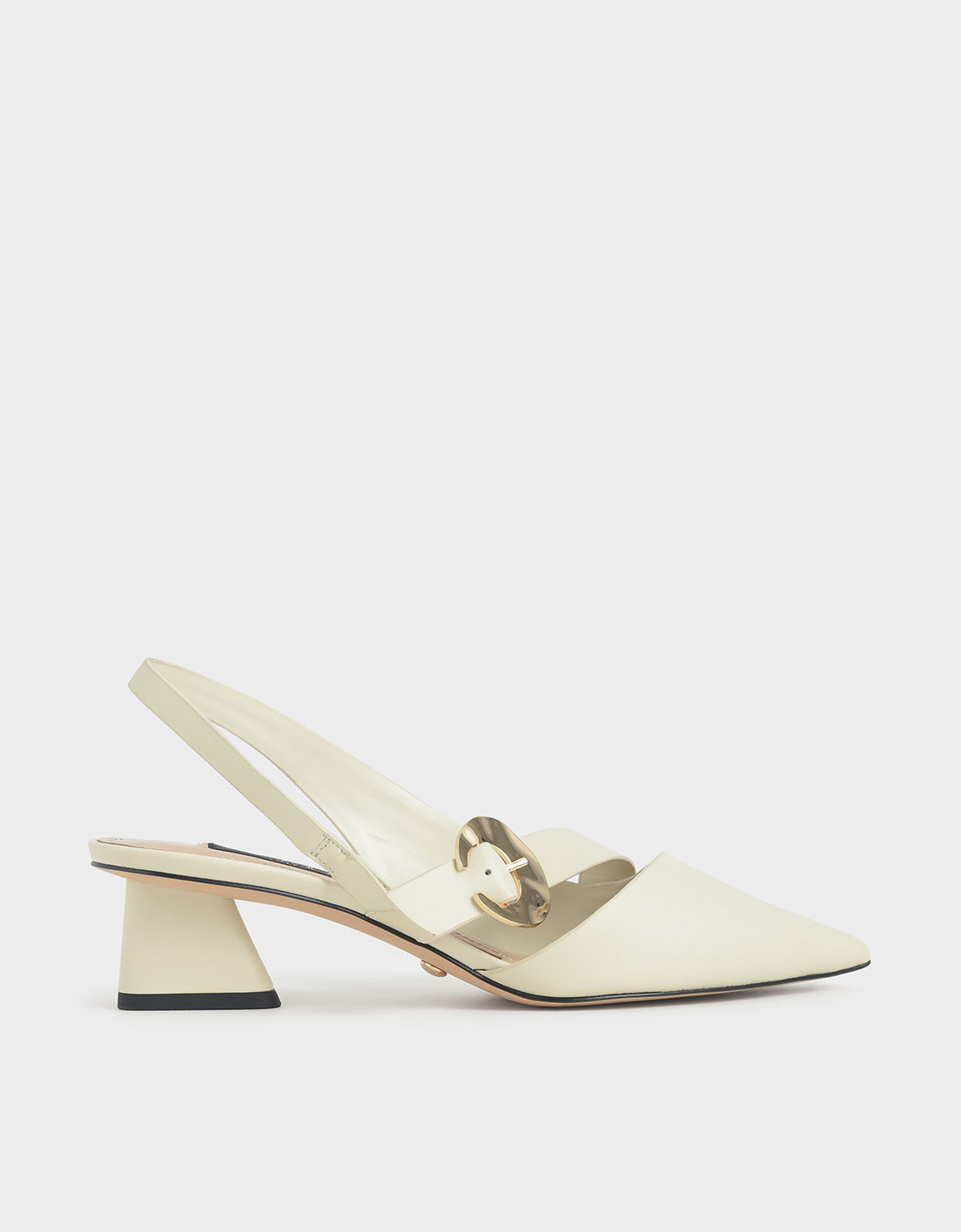 

Leather Hammered Buckle Slingback Pumps, Chalk