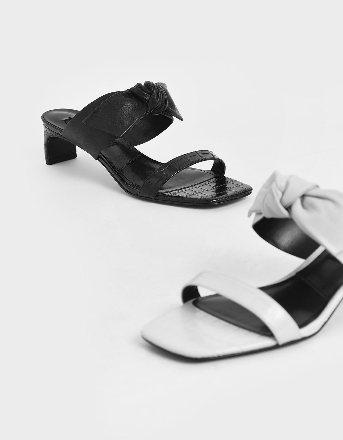 

Croc-Effect Bow Leather Mules, Black