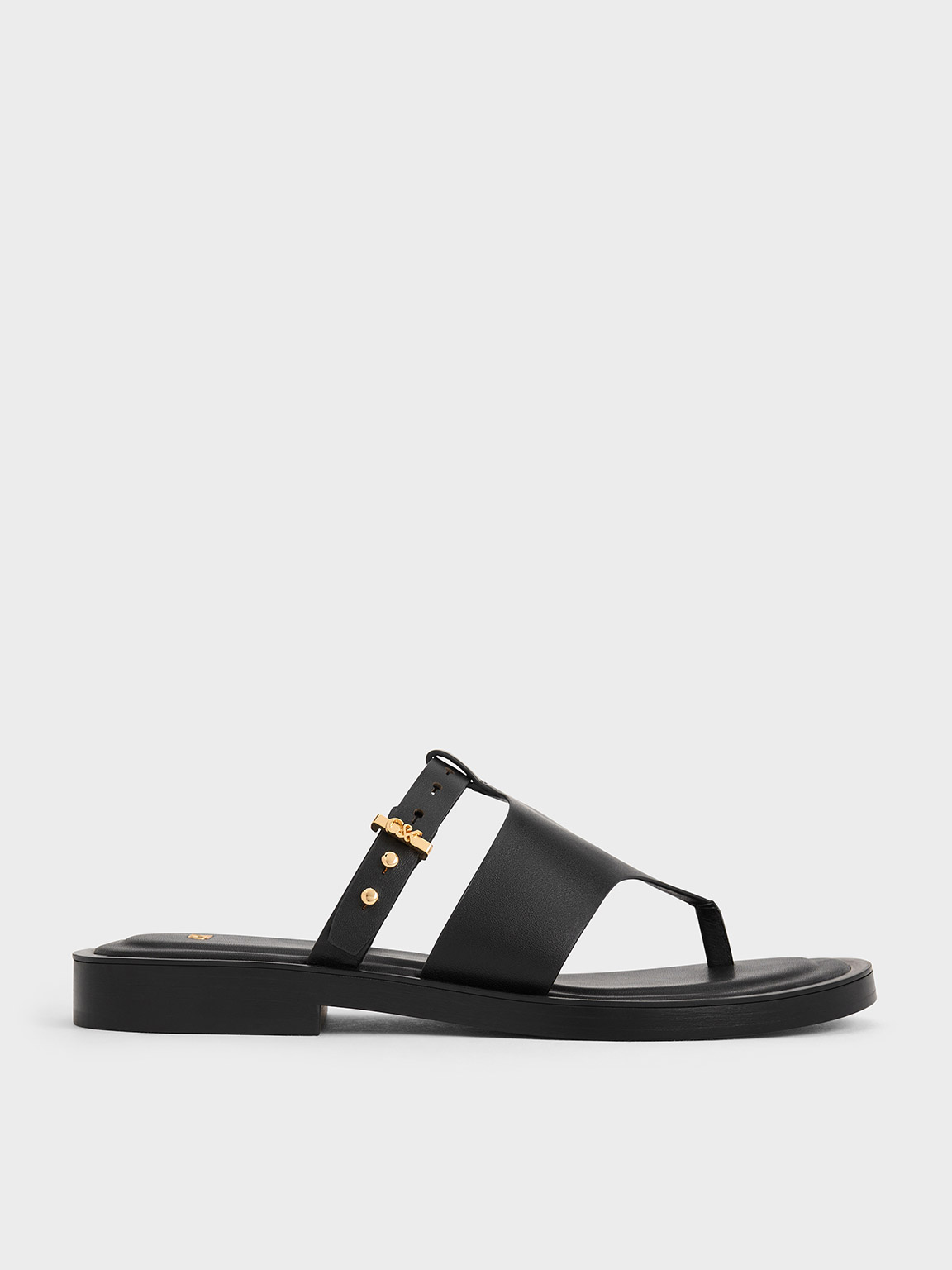 Shop Charles & Keith - Leather Asymmetric Thong Sandals In Black