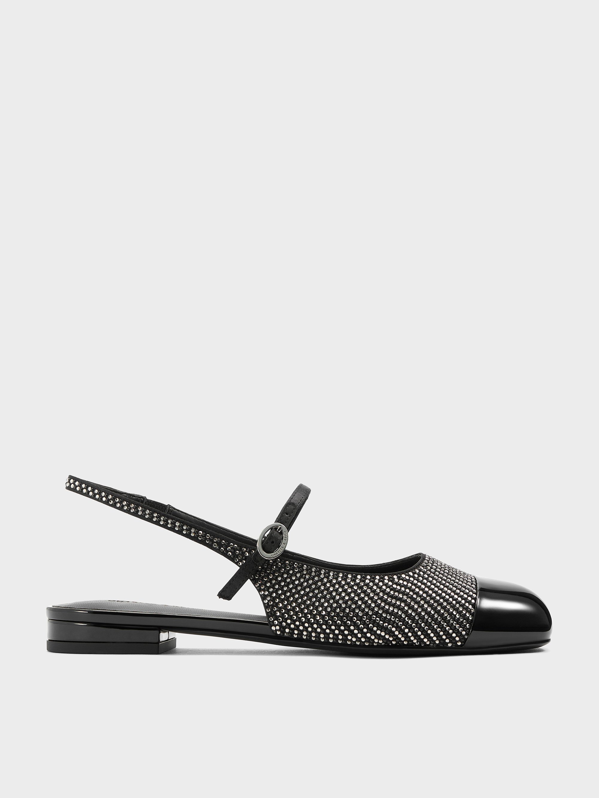 Charles & Keith - Pearl & Crystal-embellished Cap-toe Slingback Mary Jane Flats In Black