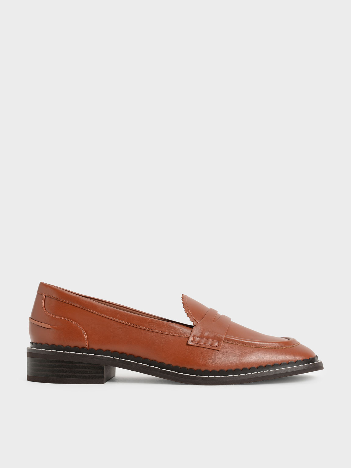 

Scallop-Trim Penny Loafers, Cognac
