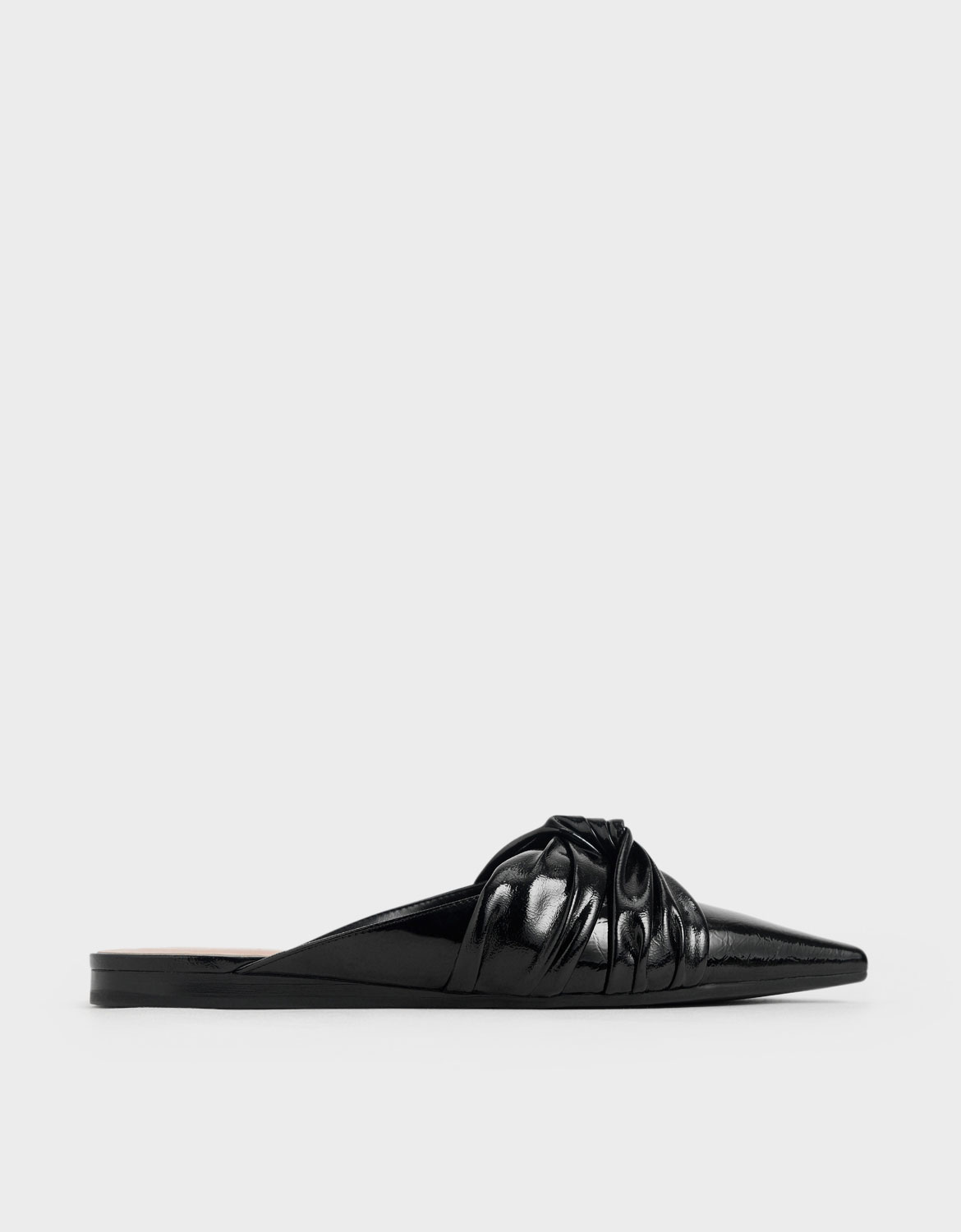 

Wrinkled Patent Ruched Knot Mules, Black