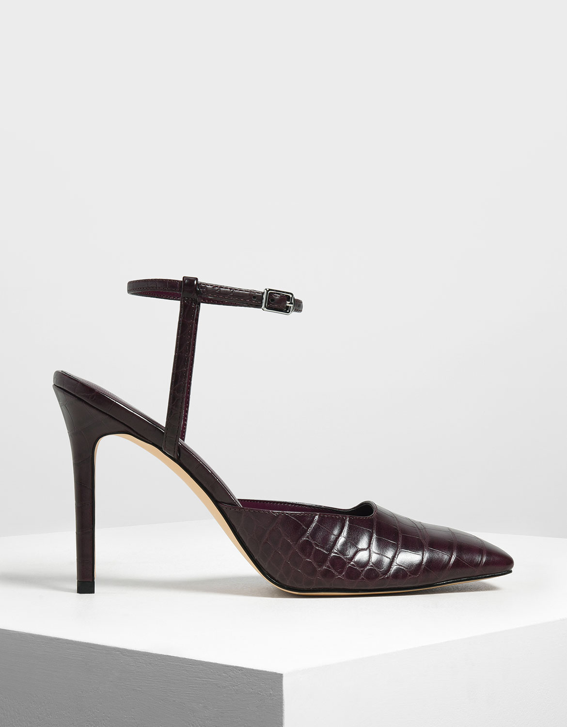 

Square Toe Croc-Effect Stiletto Pumps, Prune