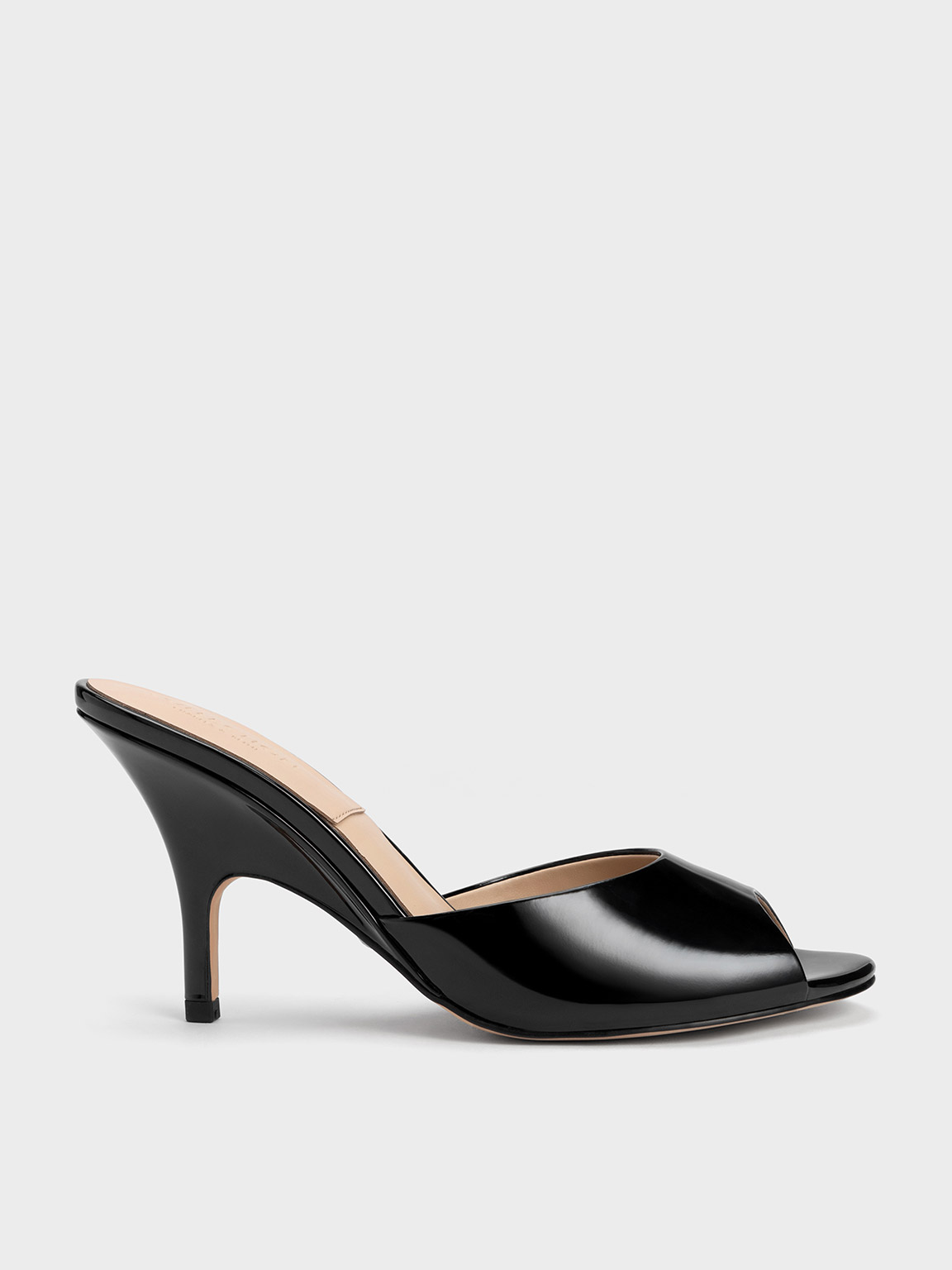 Charles & Keith Patent Leather Round-toe Heeled Mules In Black