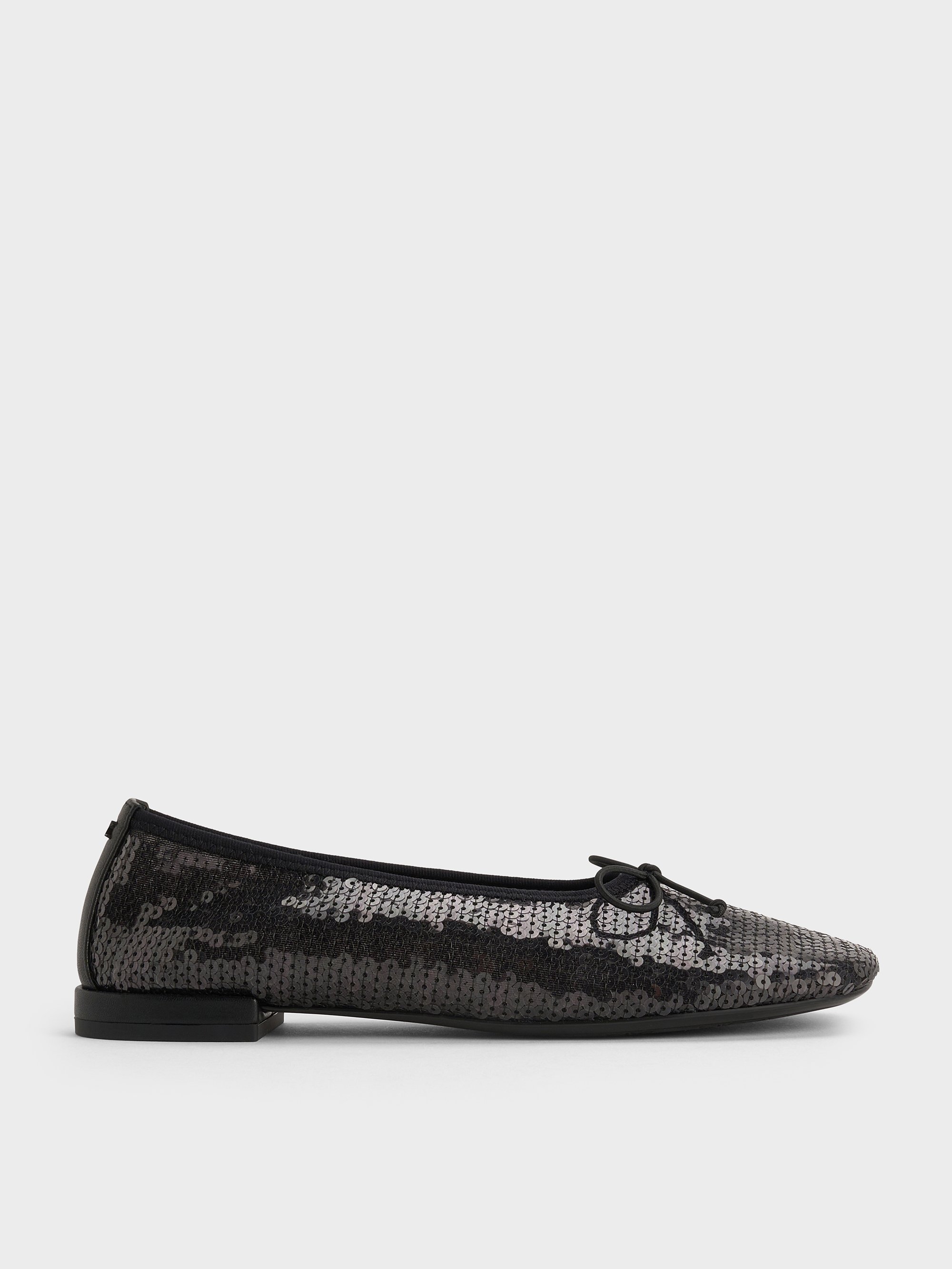 Charles & Keith - Sequin Mesh & Leather Bow Ballet Flats