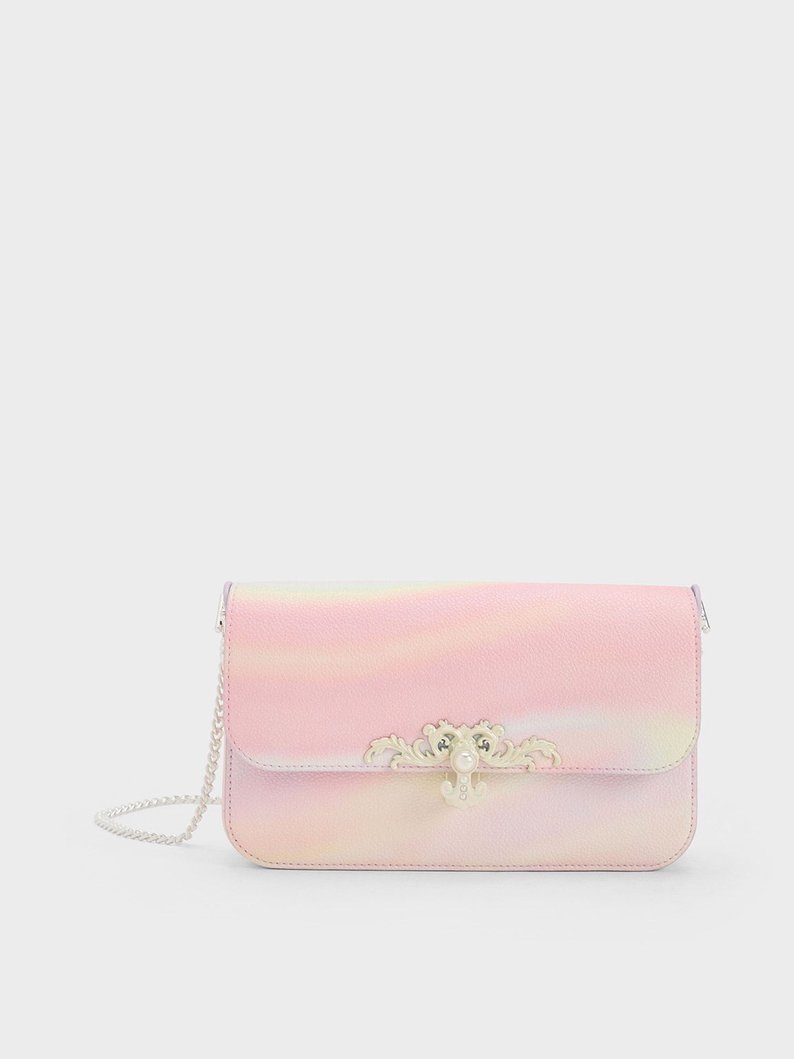 Charles & Keith Merial Metallic Accent Swirl-print Clutch In Pearl