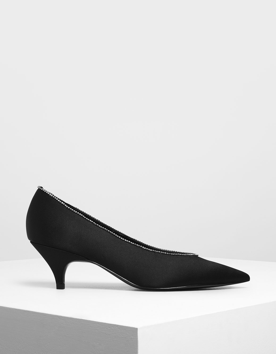 

Gem Embellished Satin Kitten Heel Pumps, Black