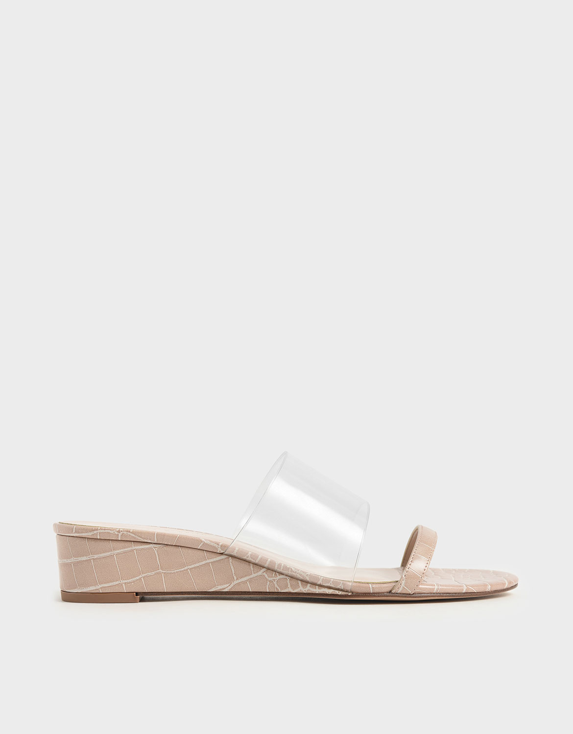 

Croc-Effect Low Wedges, Nude