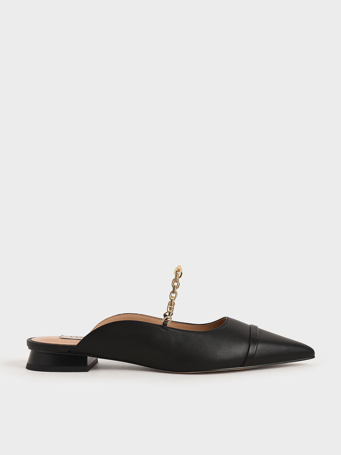 

Leather Chain Link Mule Flats, Black
