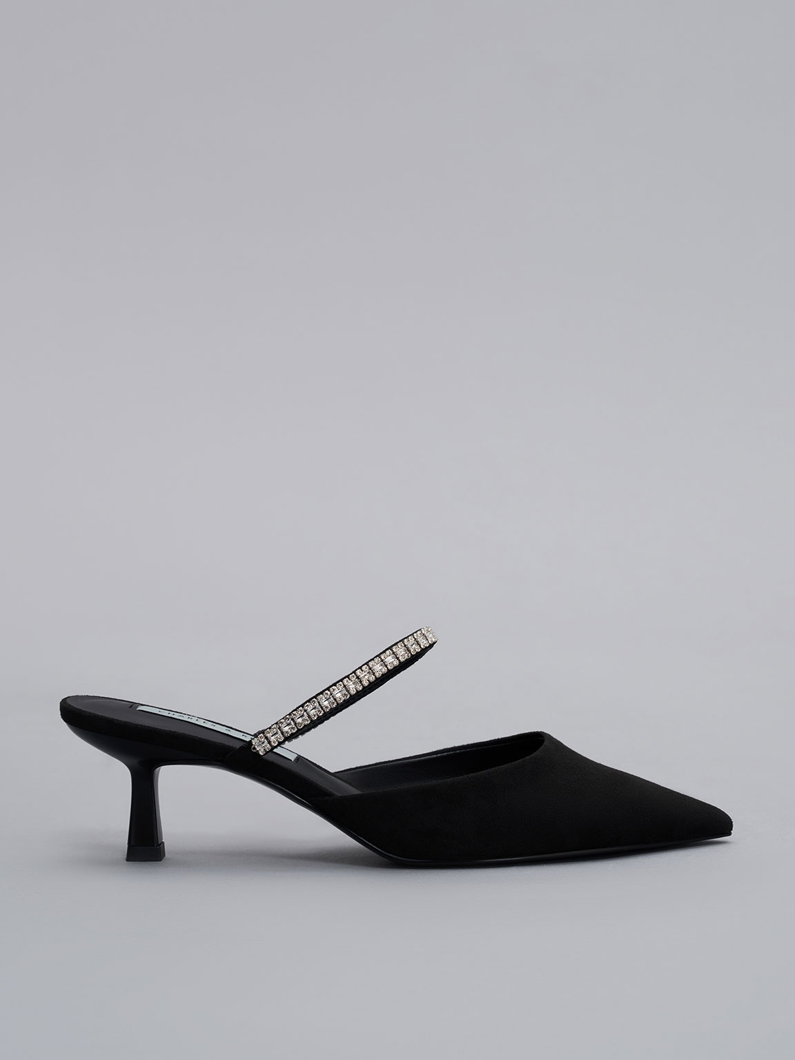 Charles & Keith Ambrosia Textured Gem-embellished Mules In Black Textured
