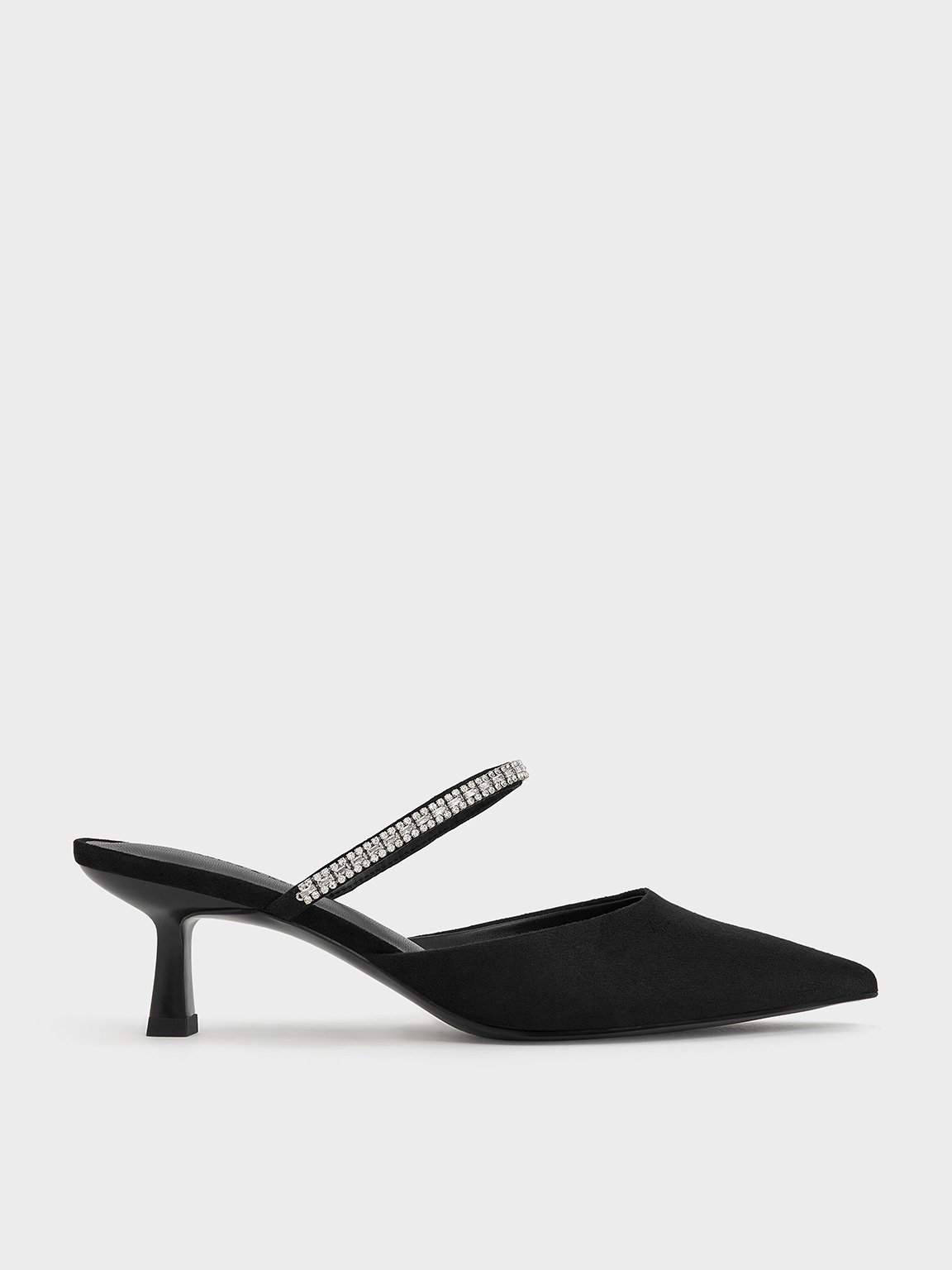Charles & Keith Ambrosia Textured Gem-embellished Mules In Black Textured