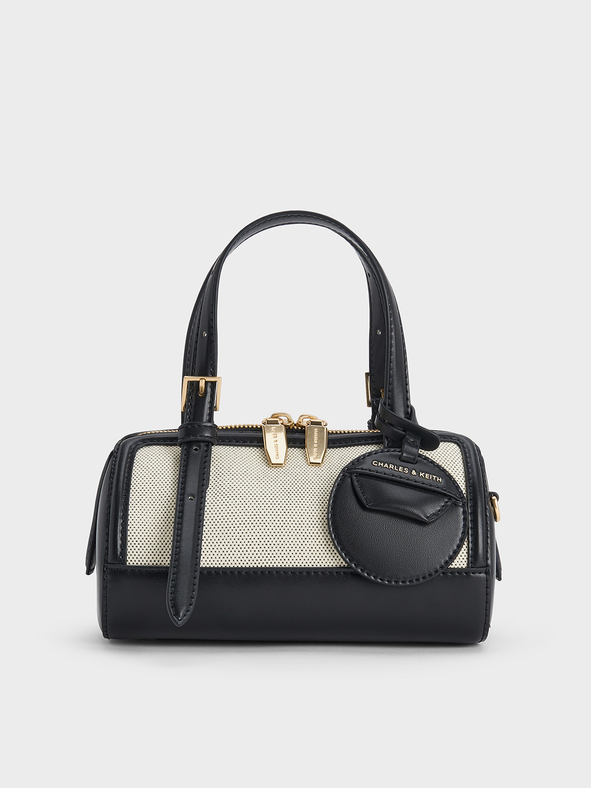 Charles & Keith - Enola Canvas Two-tone Bowling Bag In Black