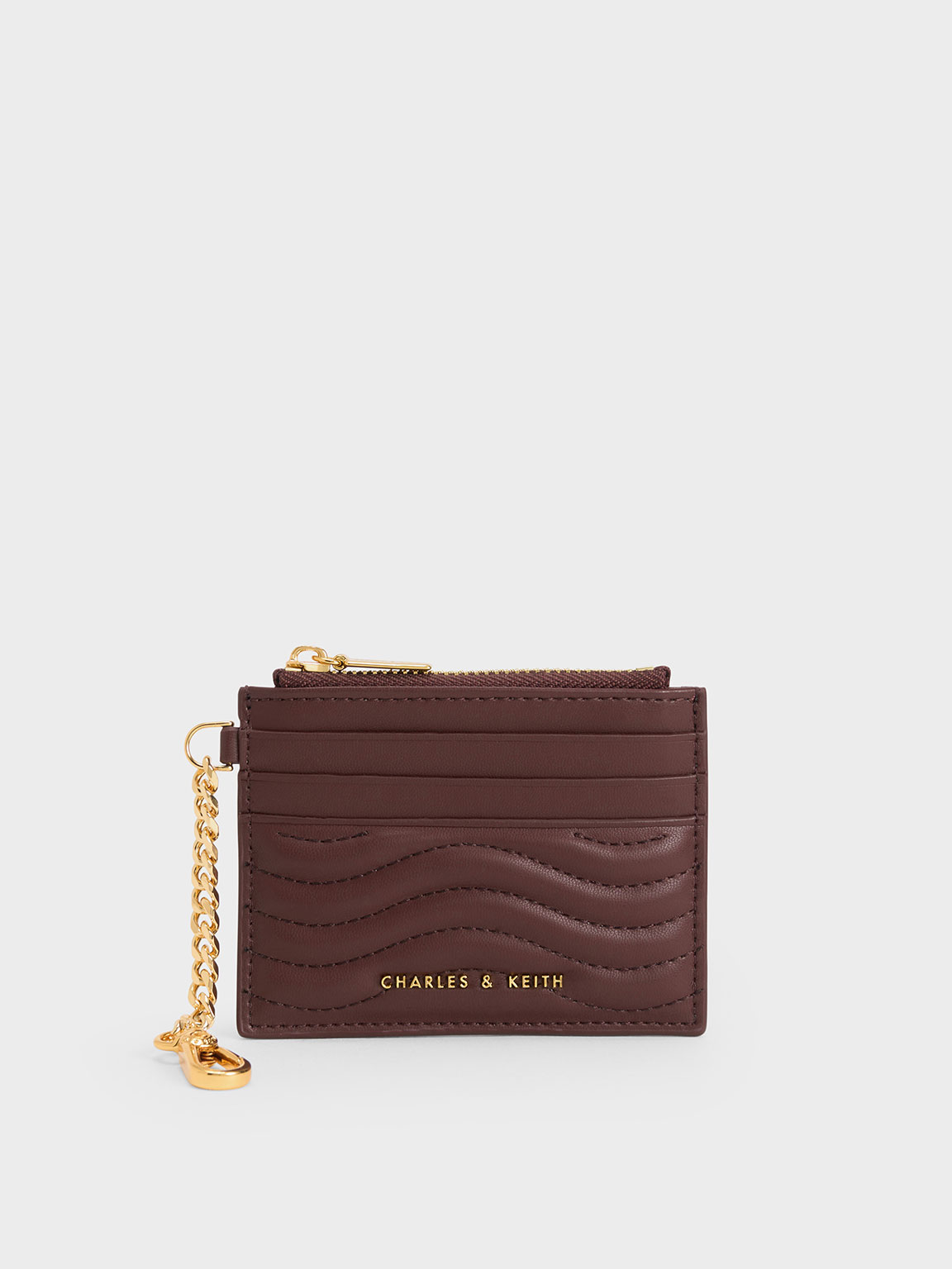 Dark Chocolate Aubrielle Stitch Trim Zip Card Holder CHARLES