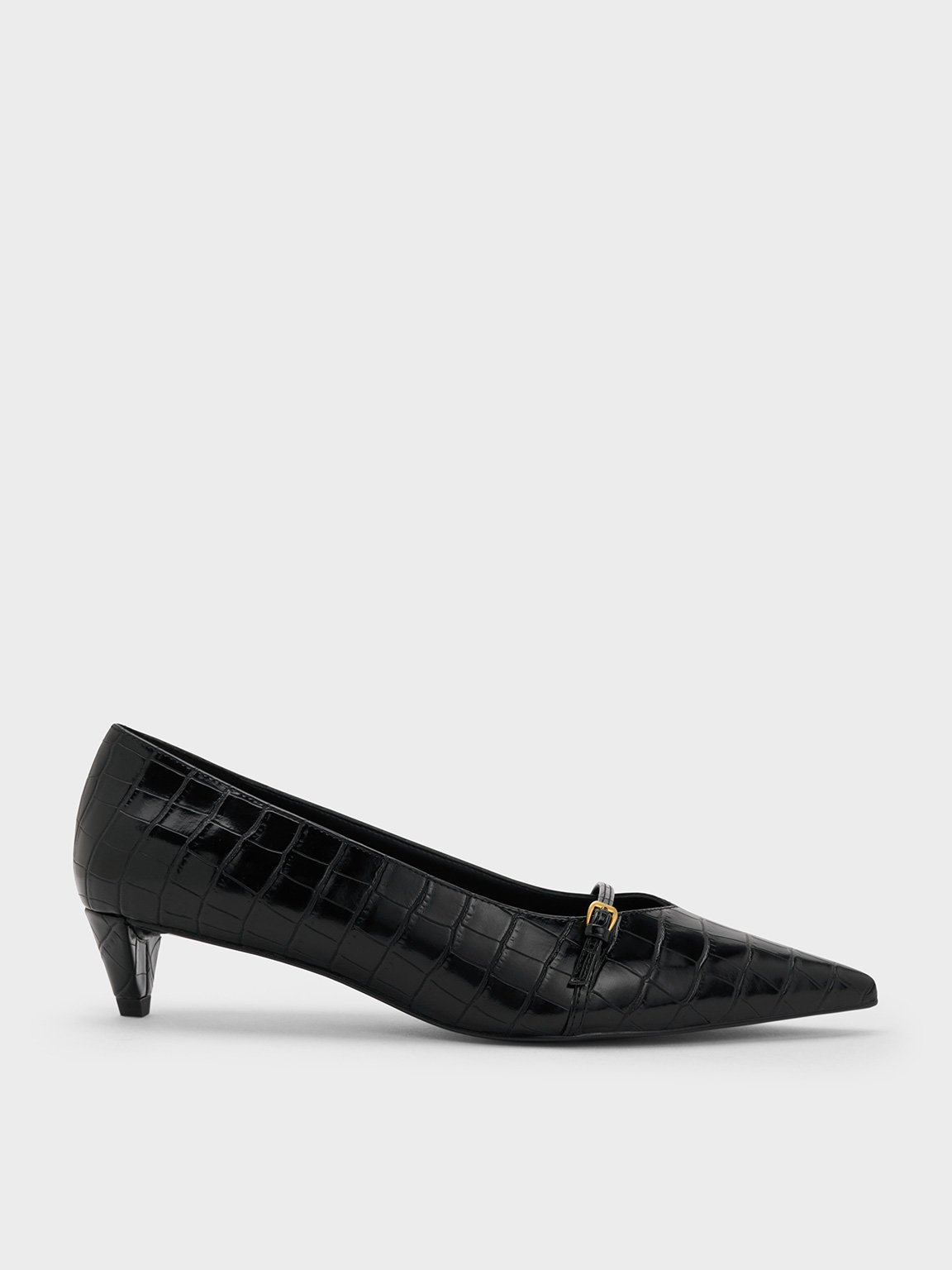Charles & Keith - Croc-effect Buckled Pointed-toe Kitten-heel Pumps In Animal Print Black
