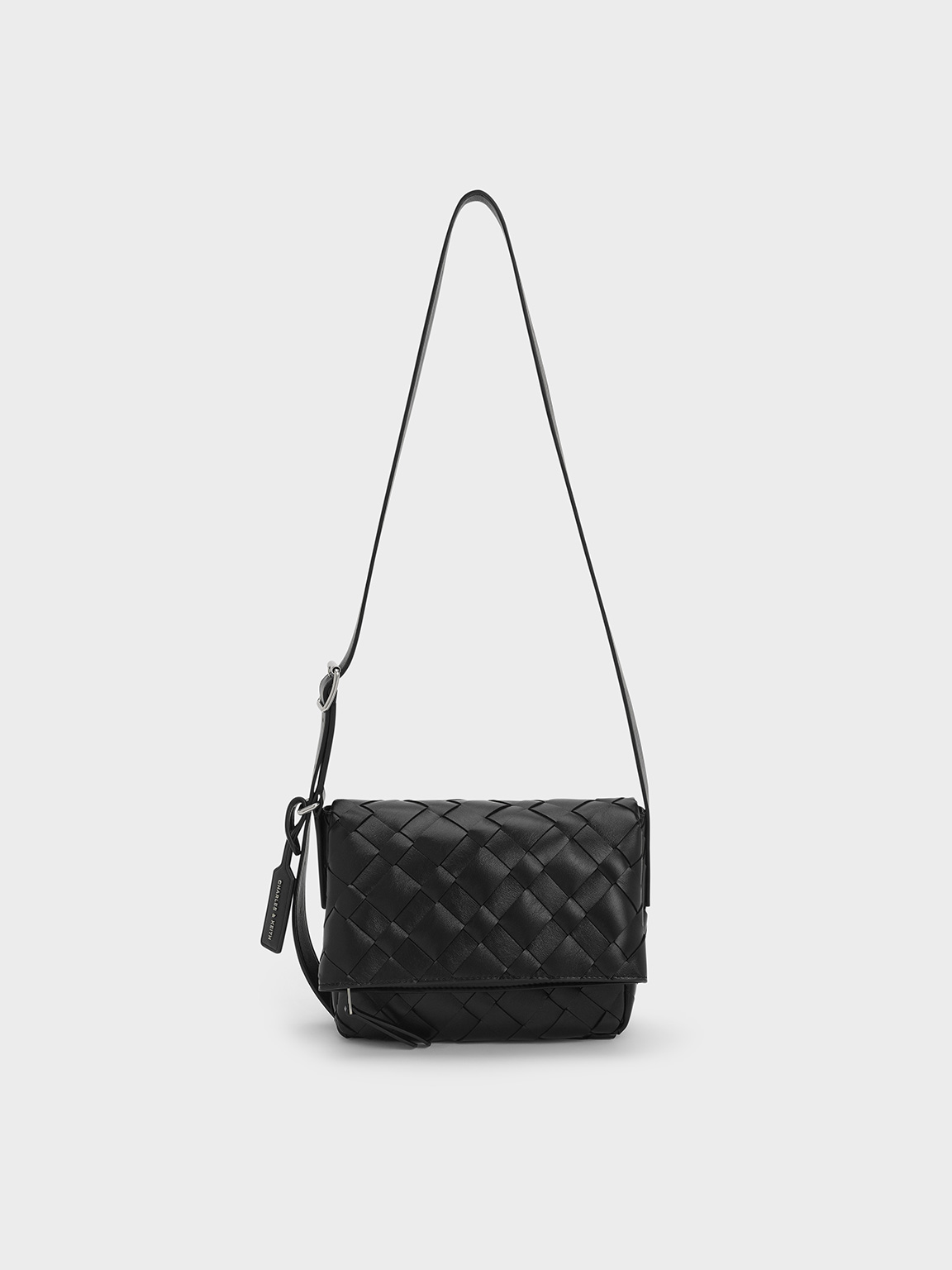 Charles & Keith - Ivette Woven Front Flap Crossbody Bag In Noir