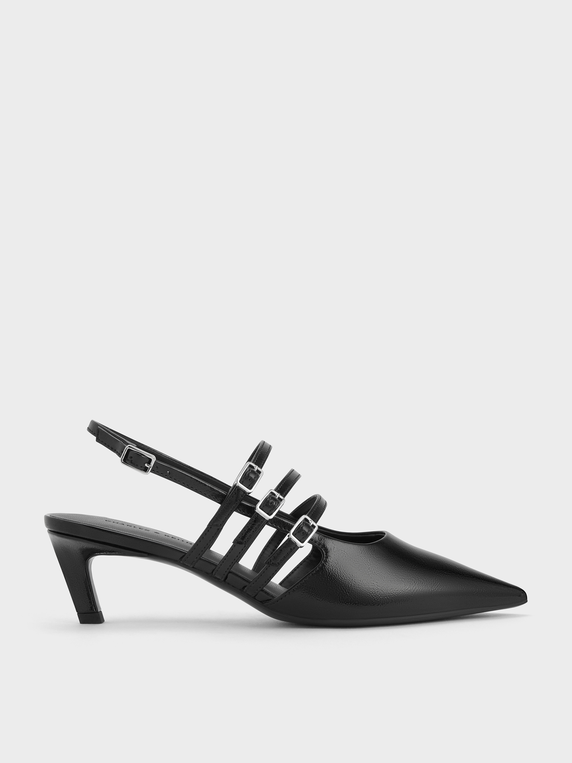 Charles & Keith - Patent Triple-Strap Pointed-Toe Kitten-Heel Slingback Pumps Charles & Keith - Patent Triple-Strap Pointed-Toe Kitten-Heel Slingback Pumps