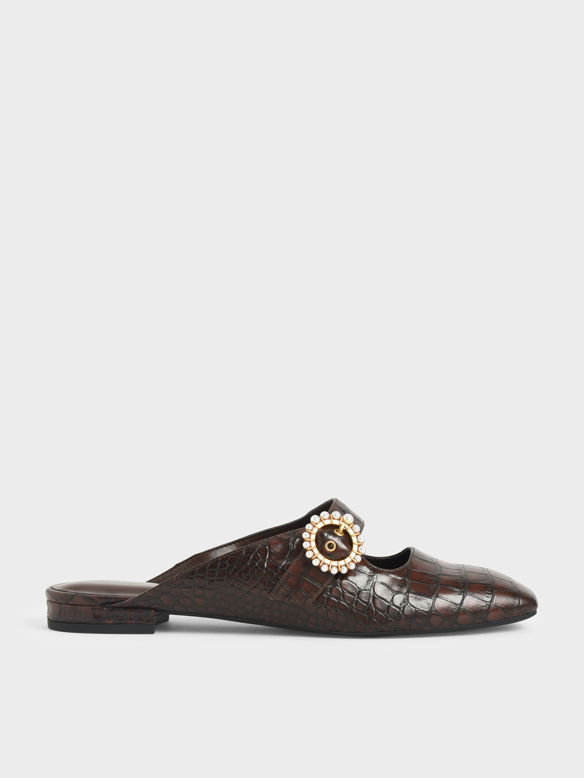 

Croc-Effect Beaded Buckle Mules, Animal print brown