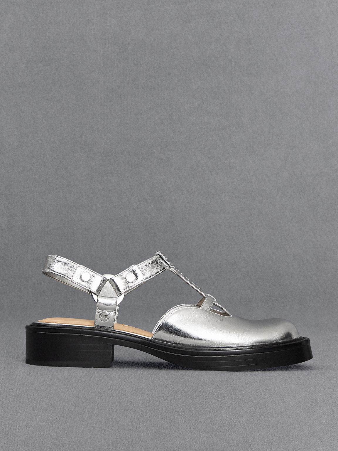 Metallic Leather Cut-Out T-Bar Mary Jane Flats