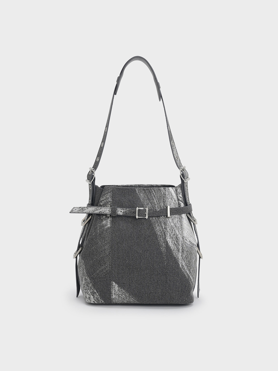 Charles & Keith - Bryna Brushed Denim Belted Bucket Bag In Silver Brushed Denim