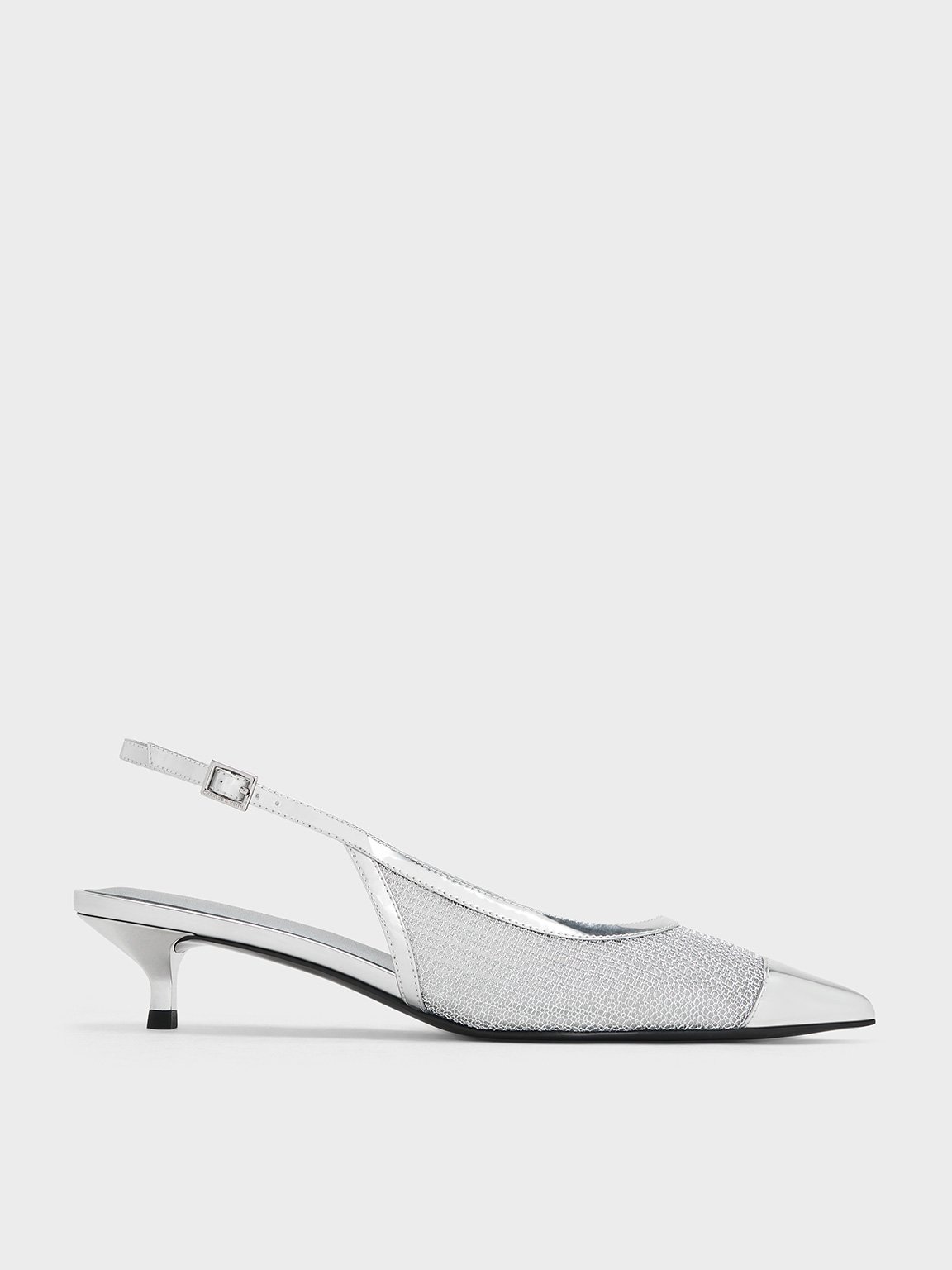 Charles & Keith - Mesh Metallic Cap-Toe Kitten-Heel Pumps