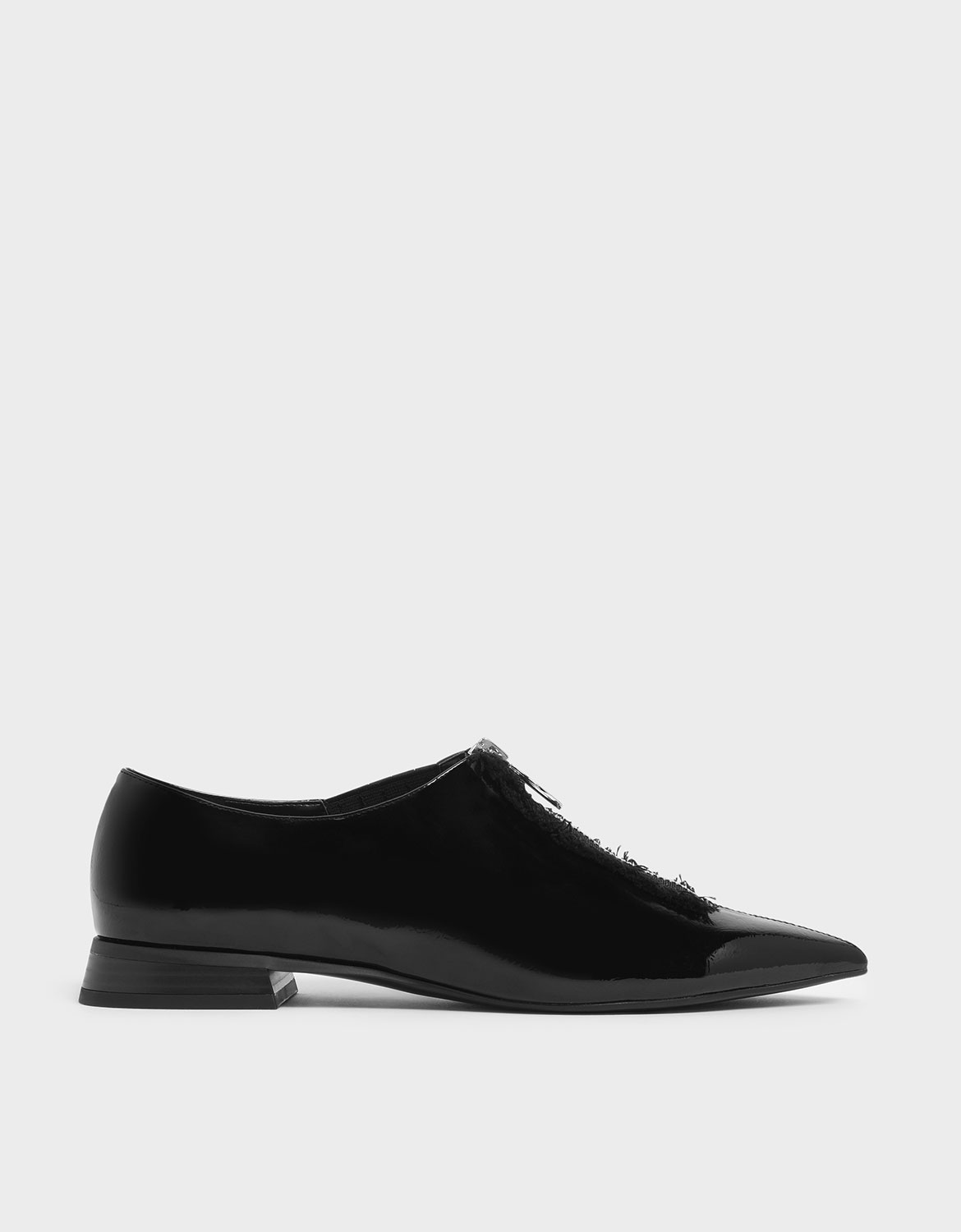 

Wrinkled Patent Frayed Zip Front Loafers, Black