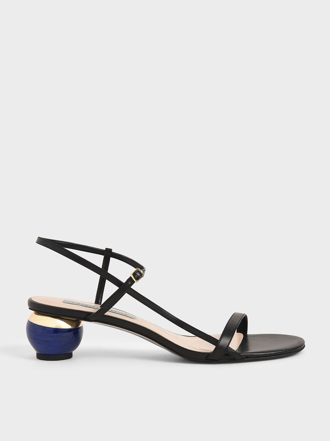 

Sculptural Heel Ankle Strap Sandals, Black