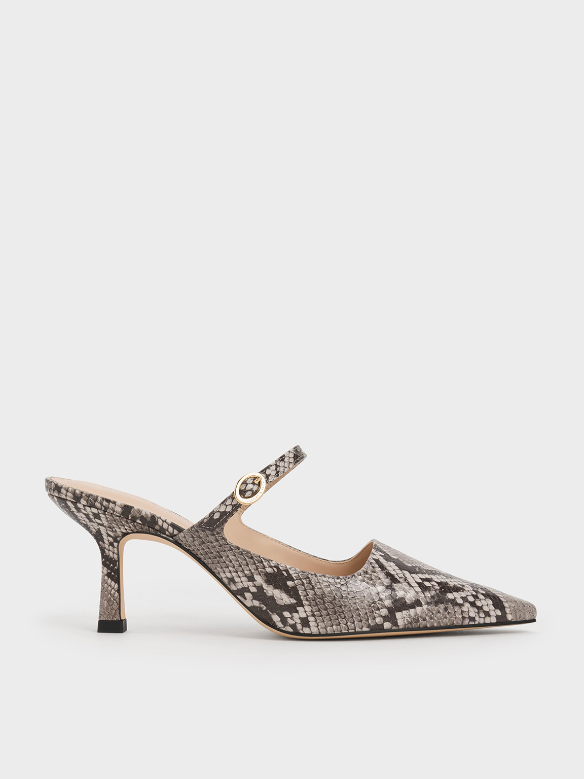 Snake-Print Buckle-Strap Heeled Mules