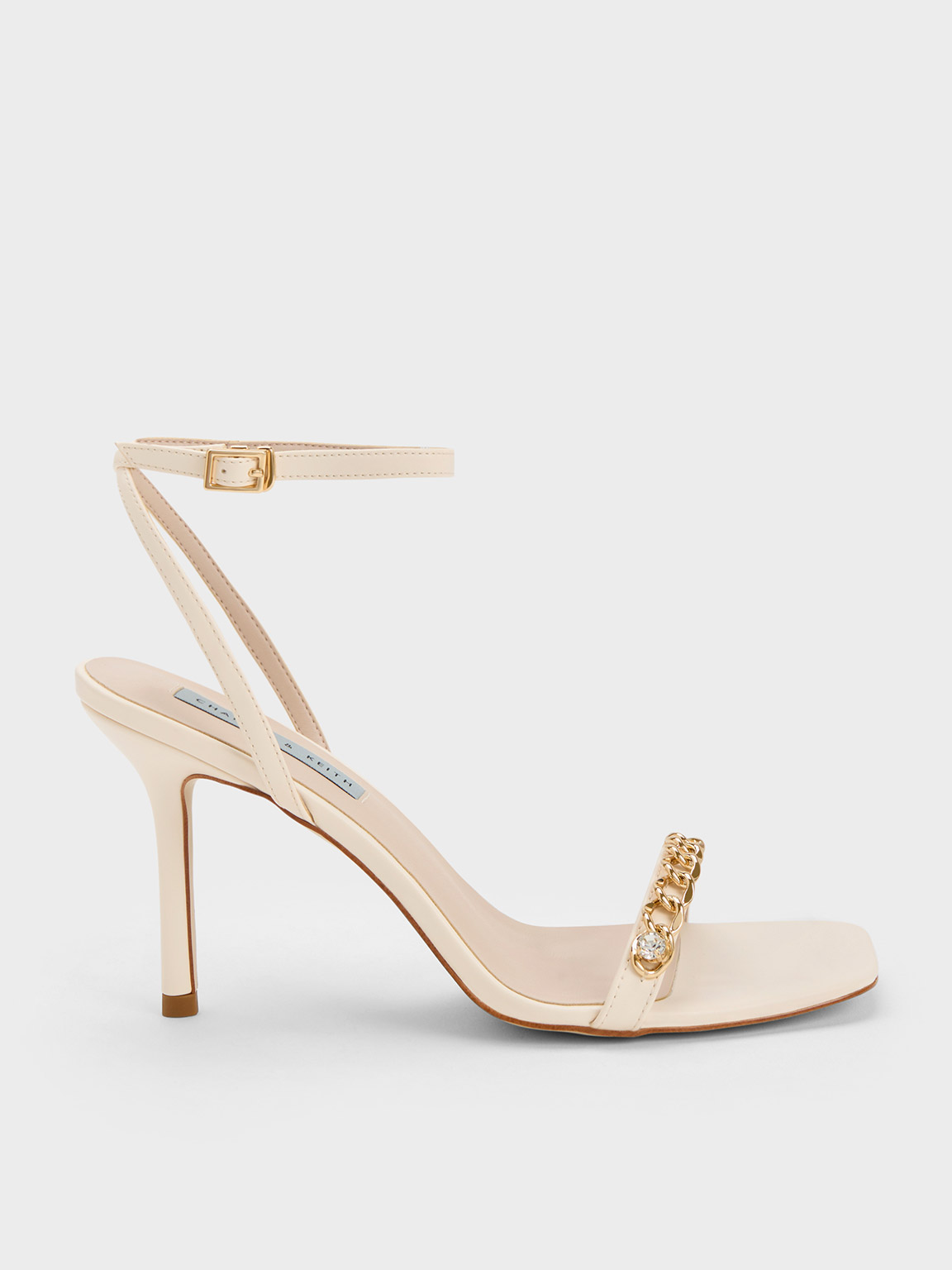 Chain-Embellished Ankle Strap Sandals