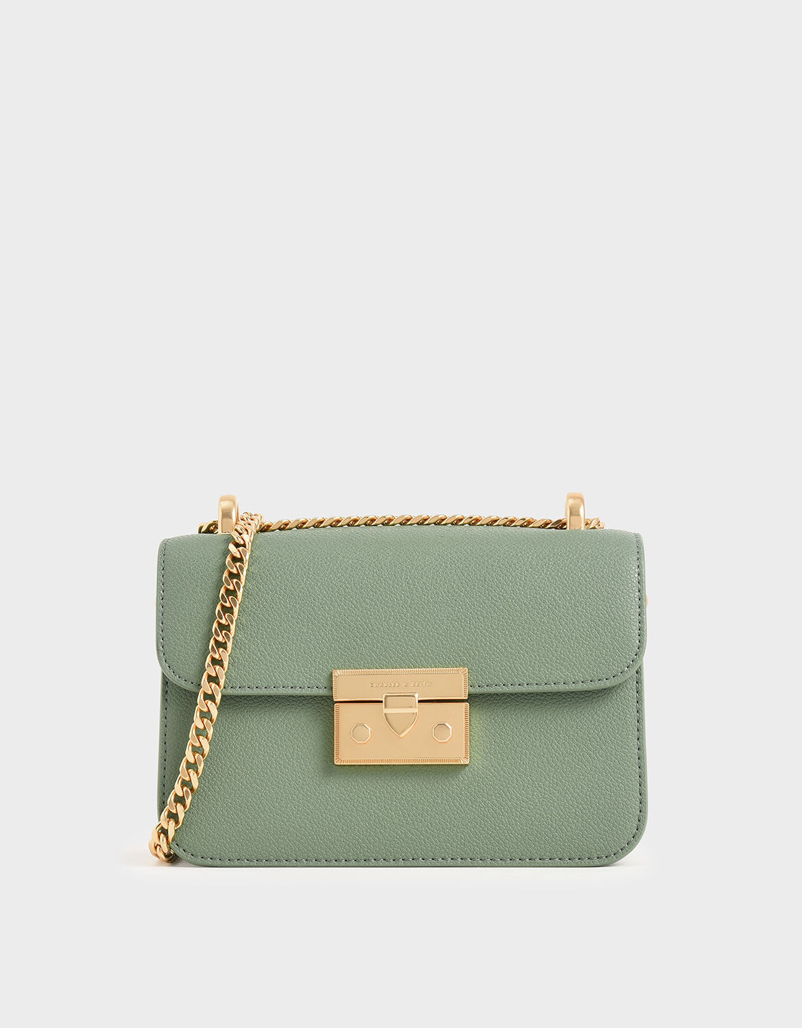 

Metallic Push-Lock Evening Bag, Sage green