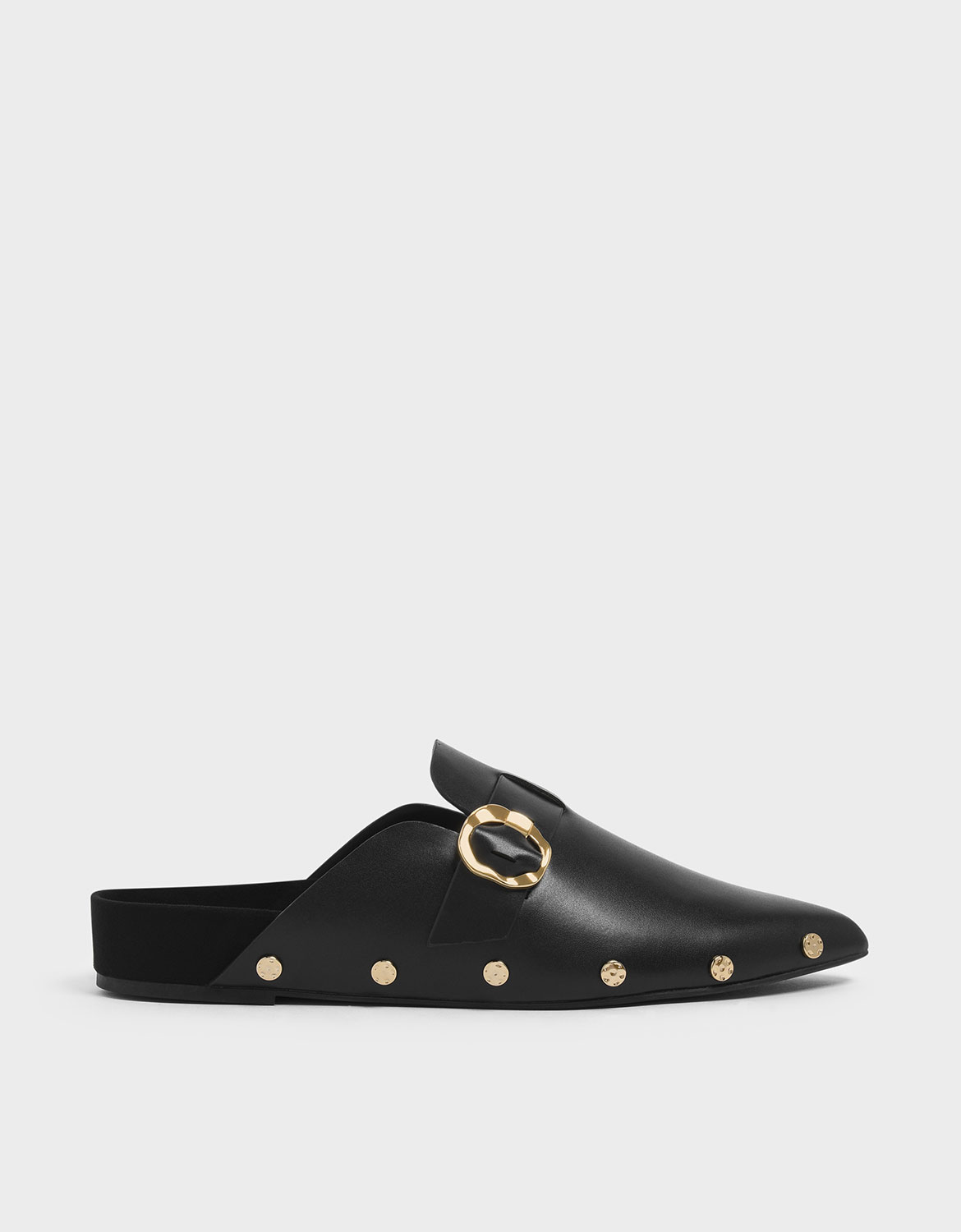 

Hammered Buckle Stud Trim Mules, Black