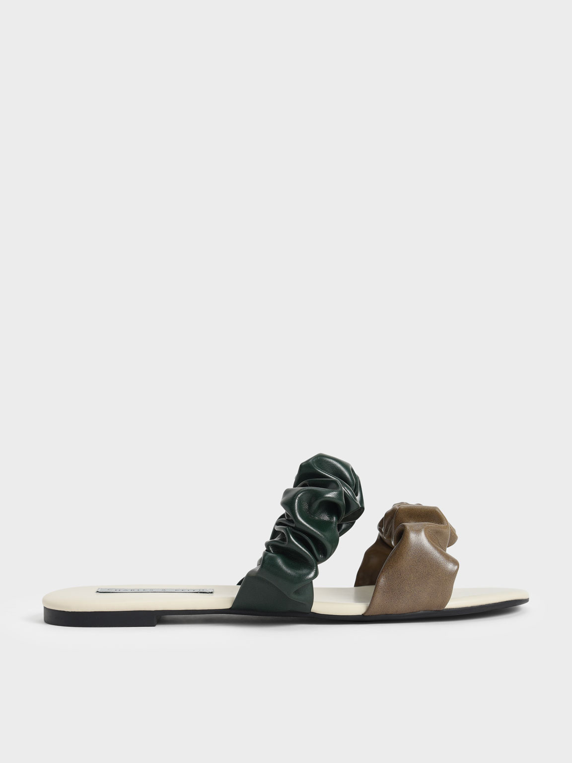 

Ruched Strap Slide Sandals, Olive