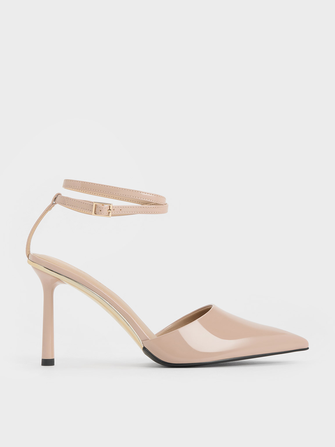 Charles & Keith Patent Pointed-toe Ankle-strap Pumps In Nude
