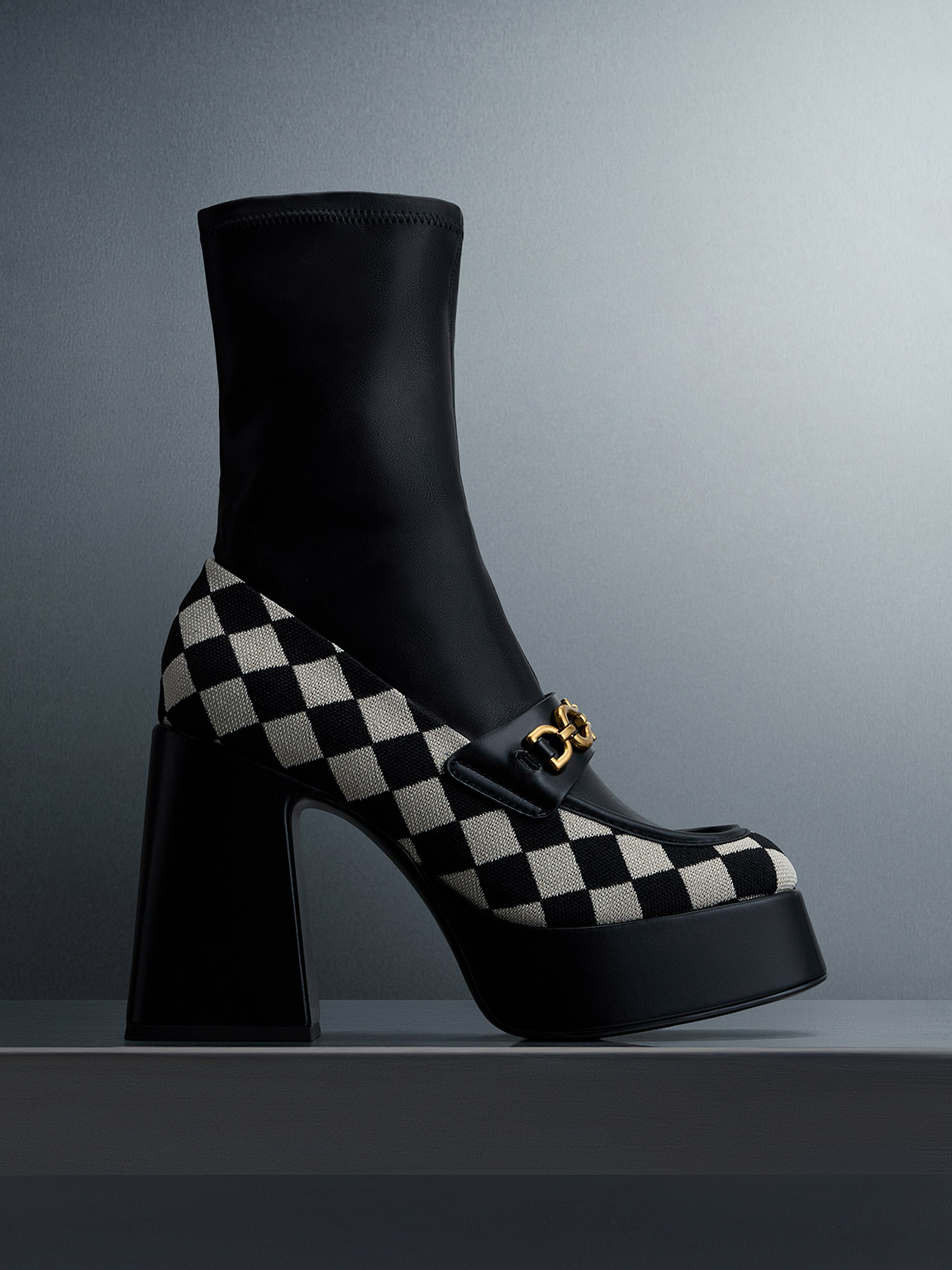 Checkered Metallic Accent Platform Ankle Boots