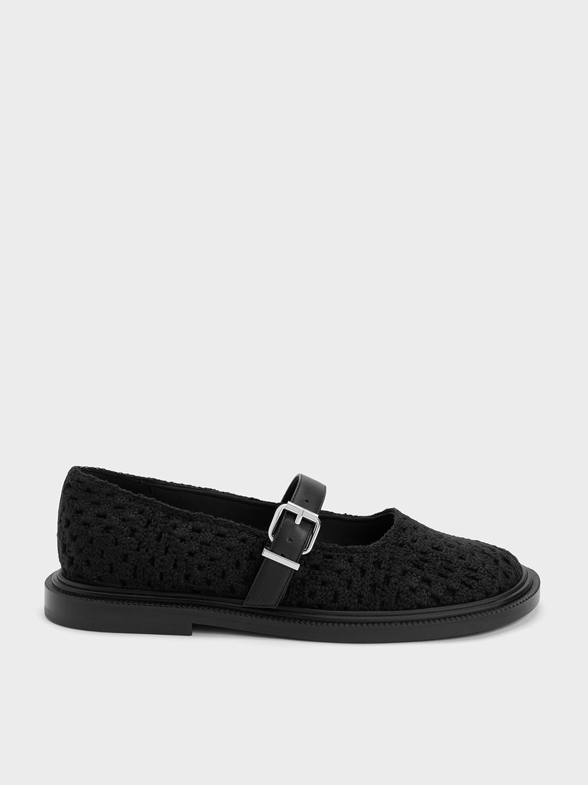 Charles & Keith - Crochet & Leather Mary Janes In Black