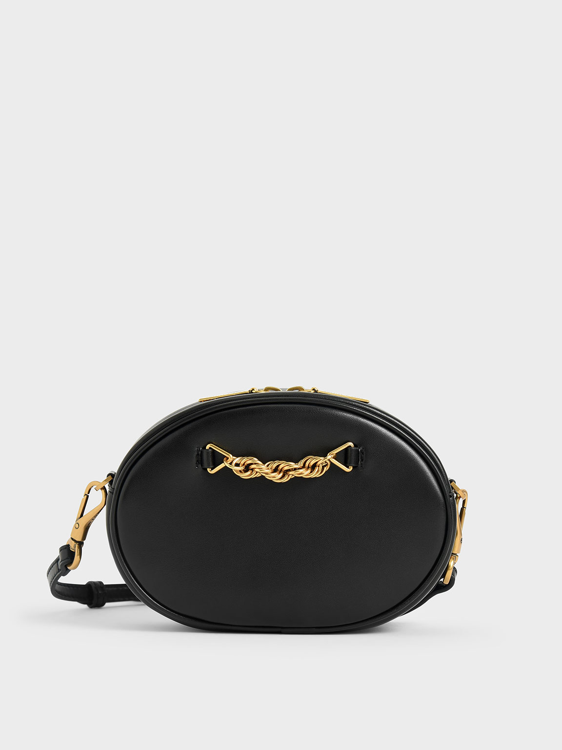 

Chain-Embellished Oval Crossbody Bag, Black