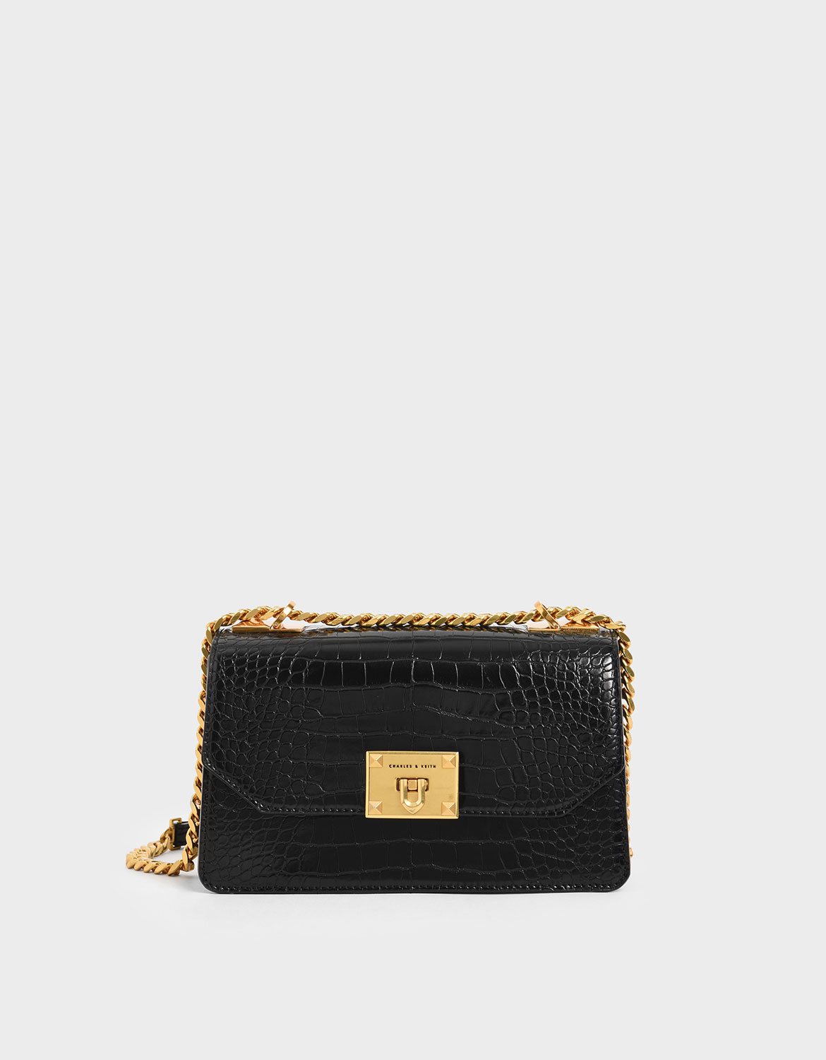 

Croc-Effect Chain Strap Crossbody Bag, Black
