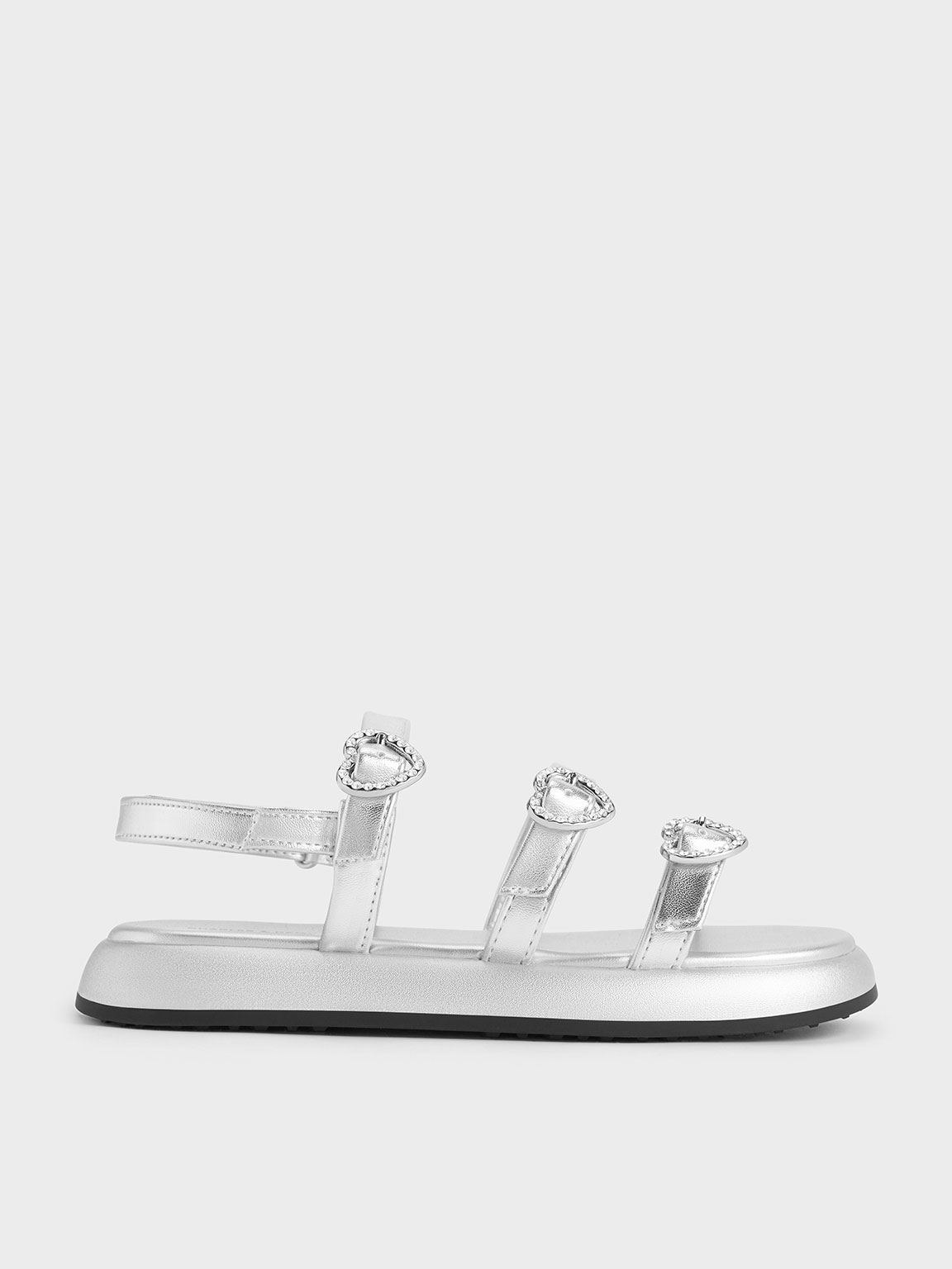 Charles & Keith Girls' Metallic Heart-embellished Strappy Sandals In Silver
